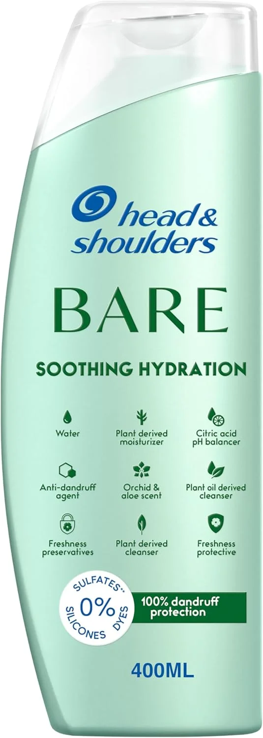 شامپو آبرسان و تسکین دهنده Head & Shoulders BARE، حداقل مواد تشکیل دهنده، حداکثر محافظت در برابر شوره سر، بدون سولفات، طراحی شده برای پوست سر خشک، 400 میلی لیتر شامپو آبرسان و تسکین دهنده Head & Shoulders BARE، حداقل مواد تشکیل دهنده، حداکثر محافظت در برابر شوره سر، بدون سولفات، طراحی شده برای پوست سر خشک، 400 میلی لیتر