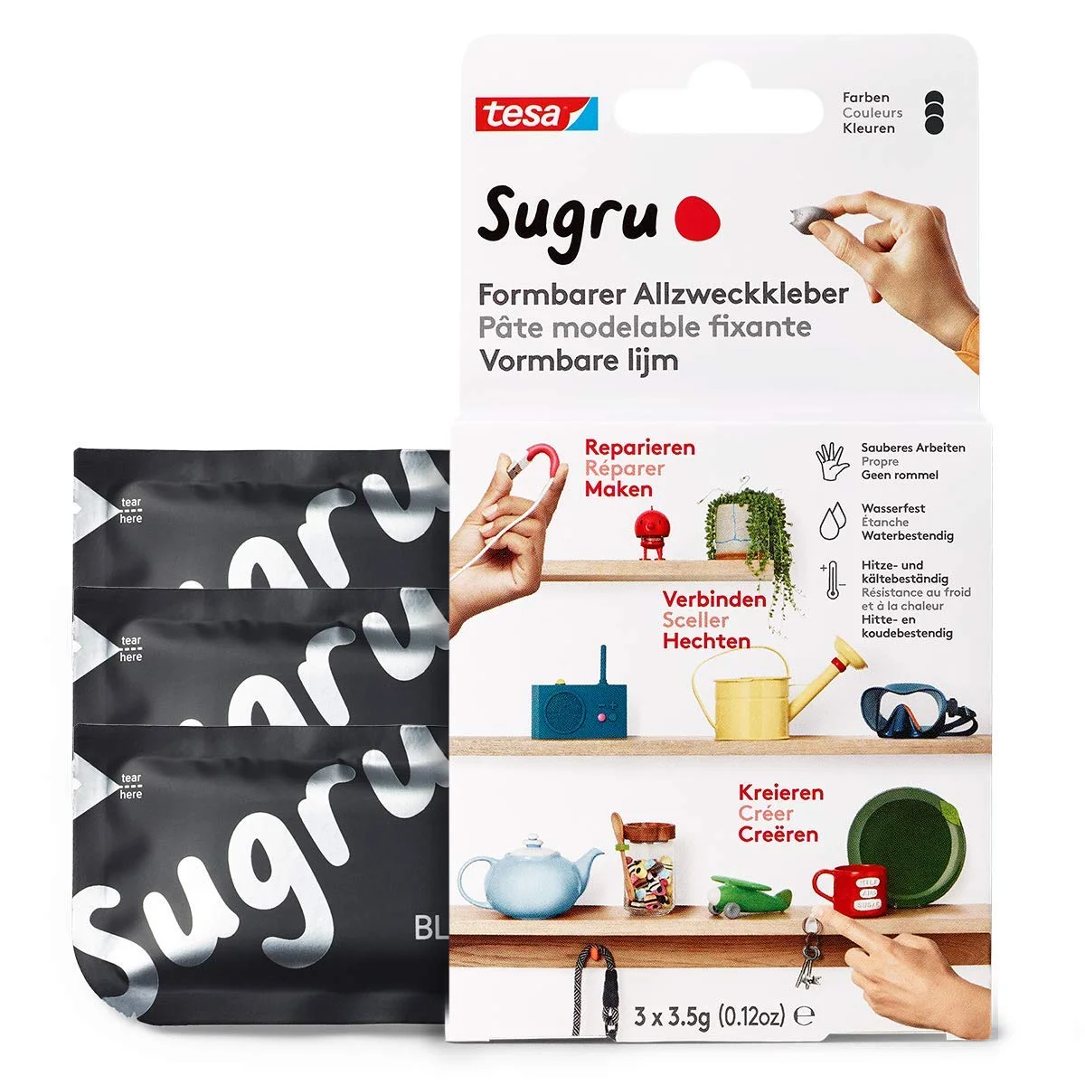 چسب خمیری شکل پذیر Tesa Sugru، چسب قوی چند منظوره، بسته 3 عددی (3 x 3.5 گرم) مشکی