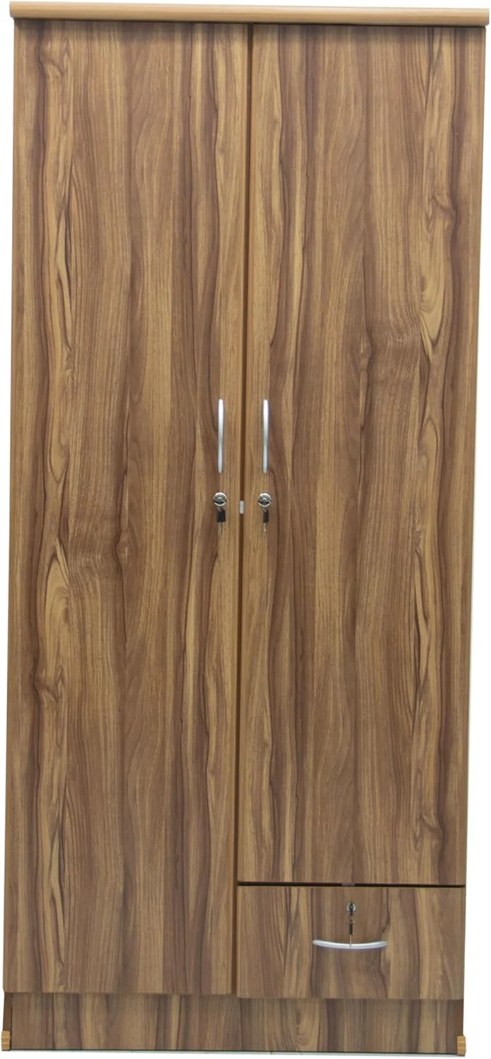 کابینت ذخیره سازی چوب ساج طلایی Multi Home Furniture - کمد بزرگ، کمد لباس 2 درب با قفسه و میله آویز لباس، سازمان دهنده و ذخیره سازی کمد با قفل کلیدی، کشو برای مبلمان اتاق خواب