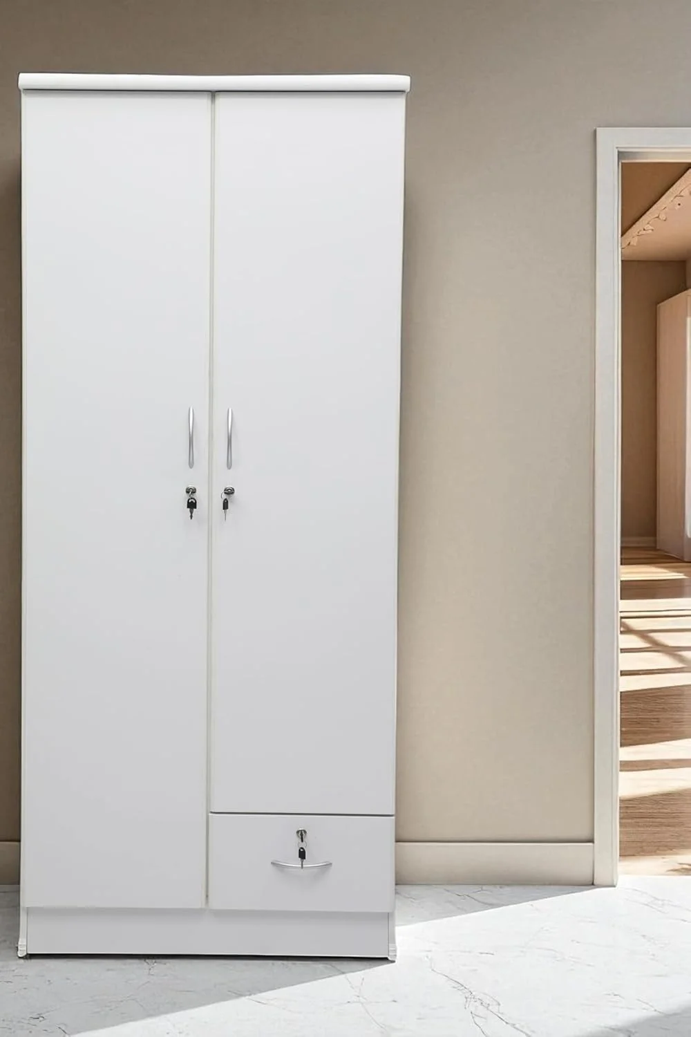 کمد لباس چوبی دو درب Multi Home Furniture مدل MH-621 سفید، کابینت و کمدهای ساخته شده از چوب فرآوری شده با 1 کشو قفل دار، شیک مدرن و بادوام، رنگ سفید