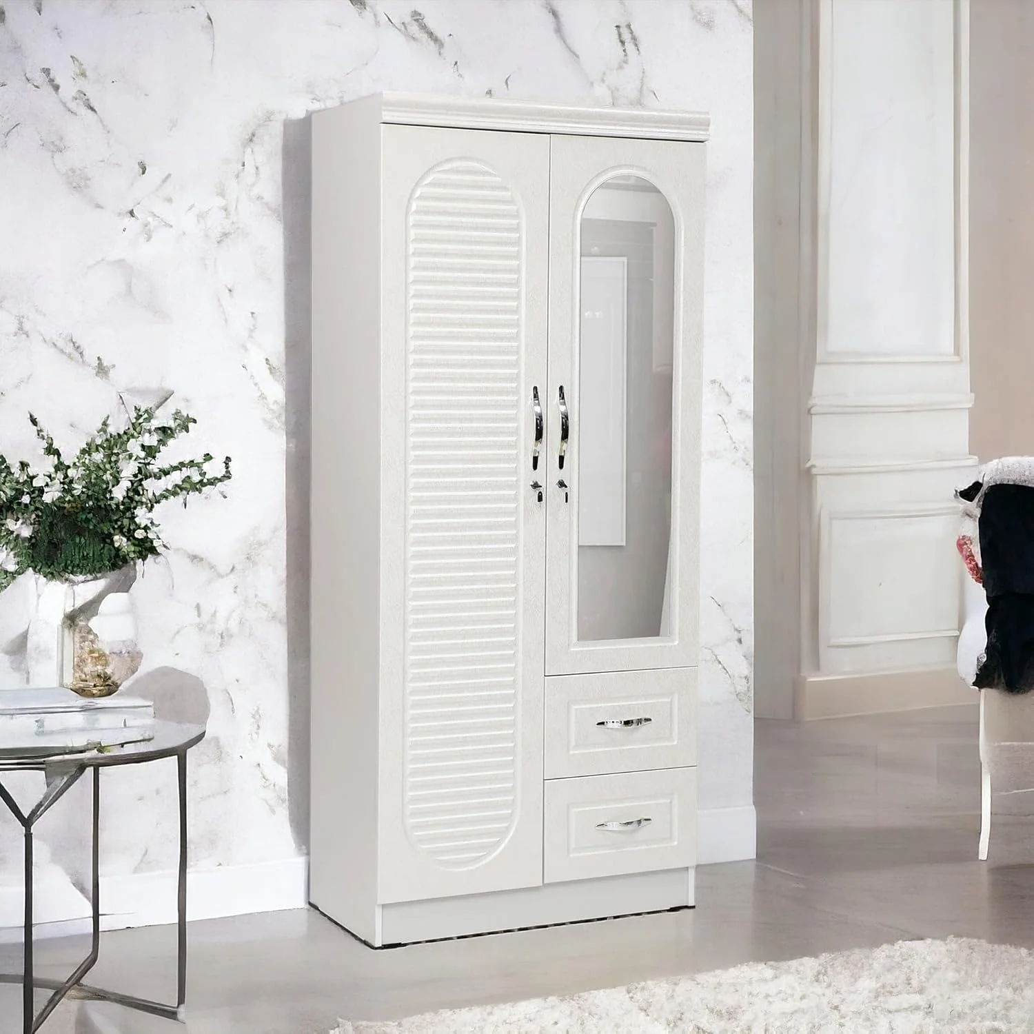 کمد لباس چوبی دو درب Multi Home Furniture مدل MH-8831-WHITE، کابینت ساخته شده از چوب مهندسی شده، مدرن، شیک، بادوام و دارای آینه