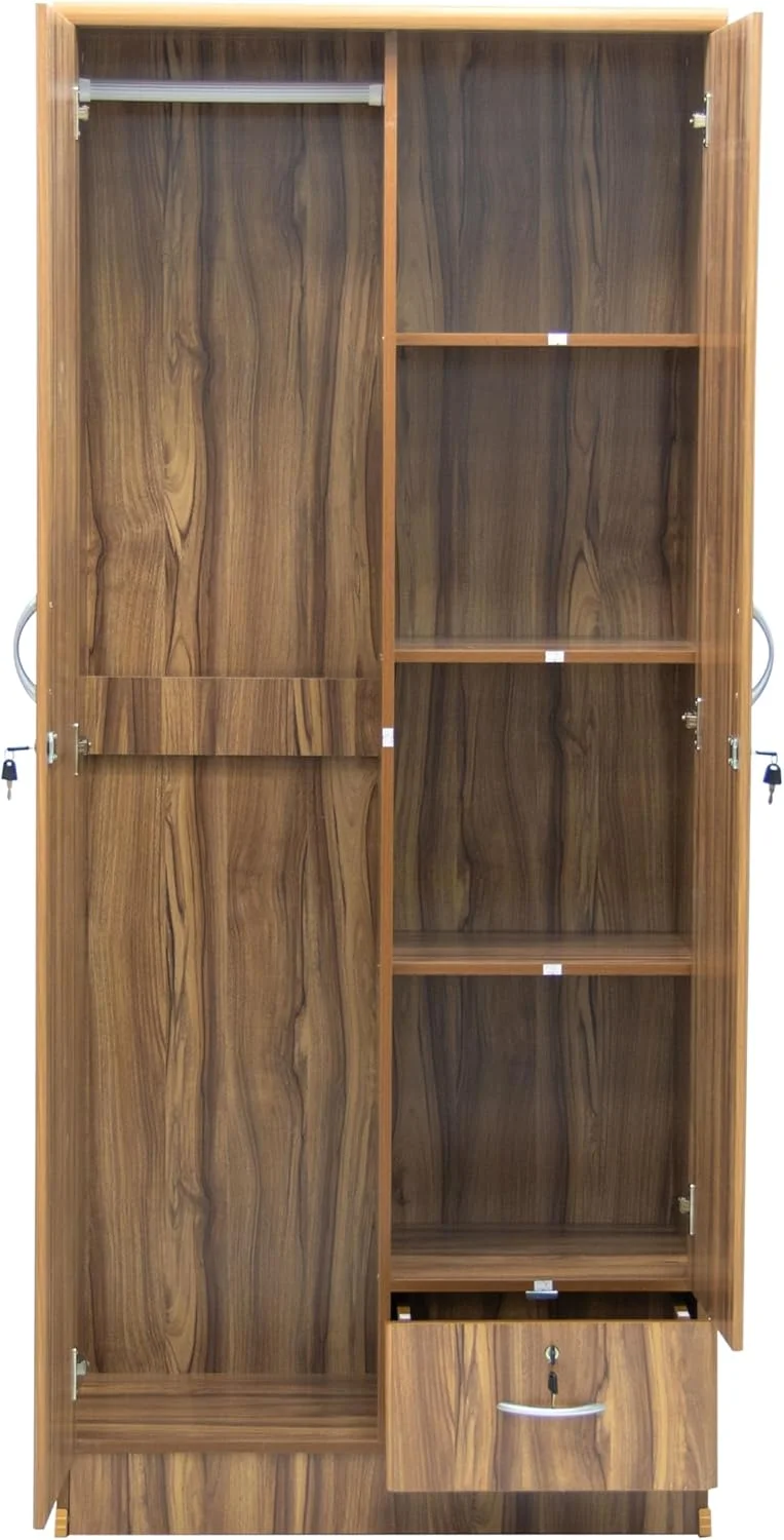 کابینت ذخیره سازی چوب ساج طلایی Multi Home Furniture - کمد بزرگ، کمد لباس 2 درب با قفسه و میله آویز لباس، سازمان دهنده و ذخیره سازی کمد با قفل کلیدی، کشو برای مبلمان اتاق خواب