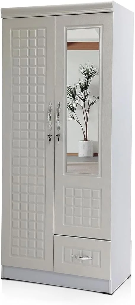 کمد لباس دو درب چوبی سفید چند منظوره با آینه و 1 کشو کابینت ذخیره سازی | کابینت آلمیرا برای لباس | کابینت کمد لباس با 4 قفسه | کمد شیک برای اتاق نشیمن و اتاق خواب