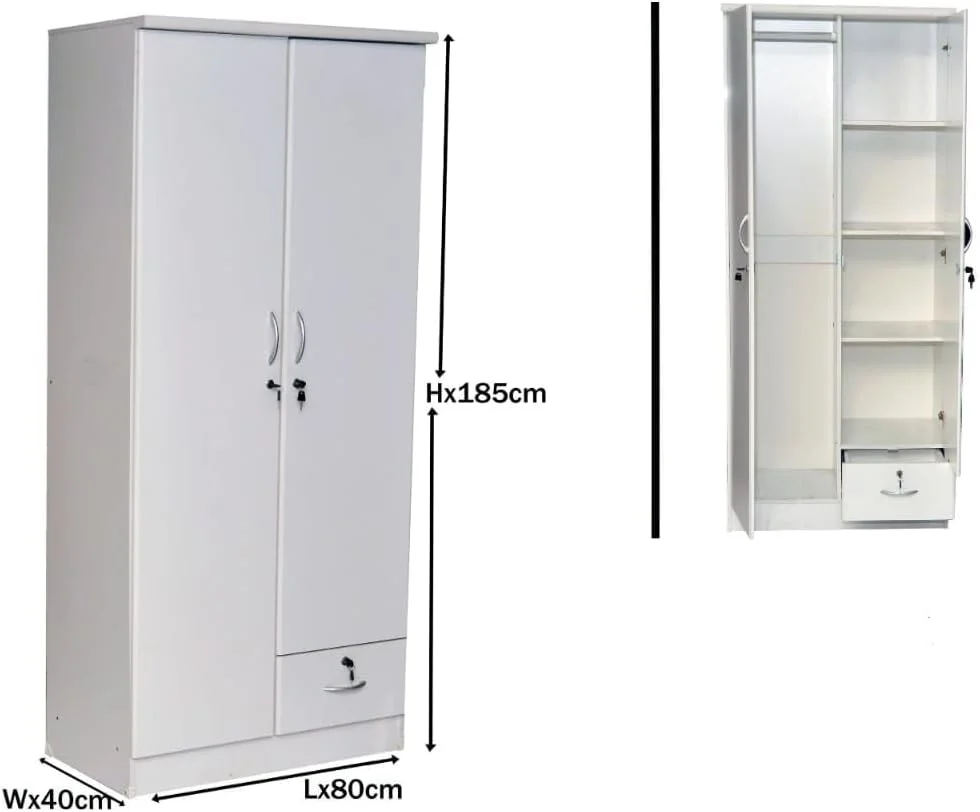 کمد لباس چوبی دو درب Multi Home Furniture مدل MH-621 سفید، کابینت و کمدهای ساخته شده از چوب فرآوری شده با 1 کشو قفل دار، شیک مدرن و بادوام، رنگ سفید