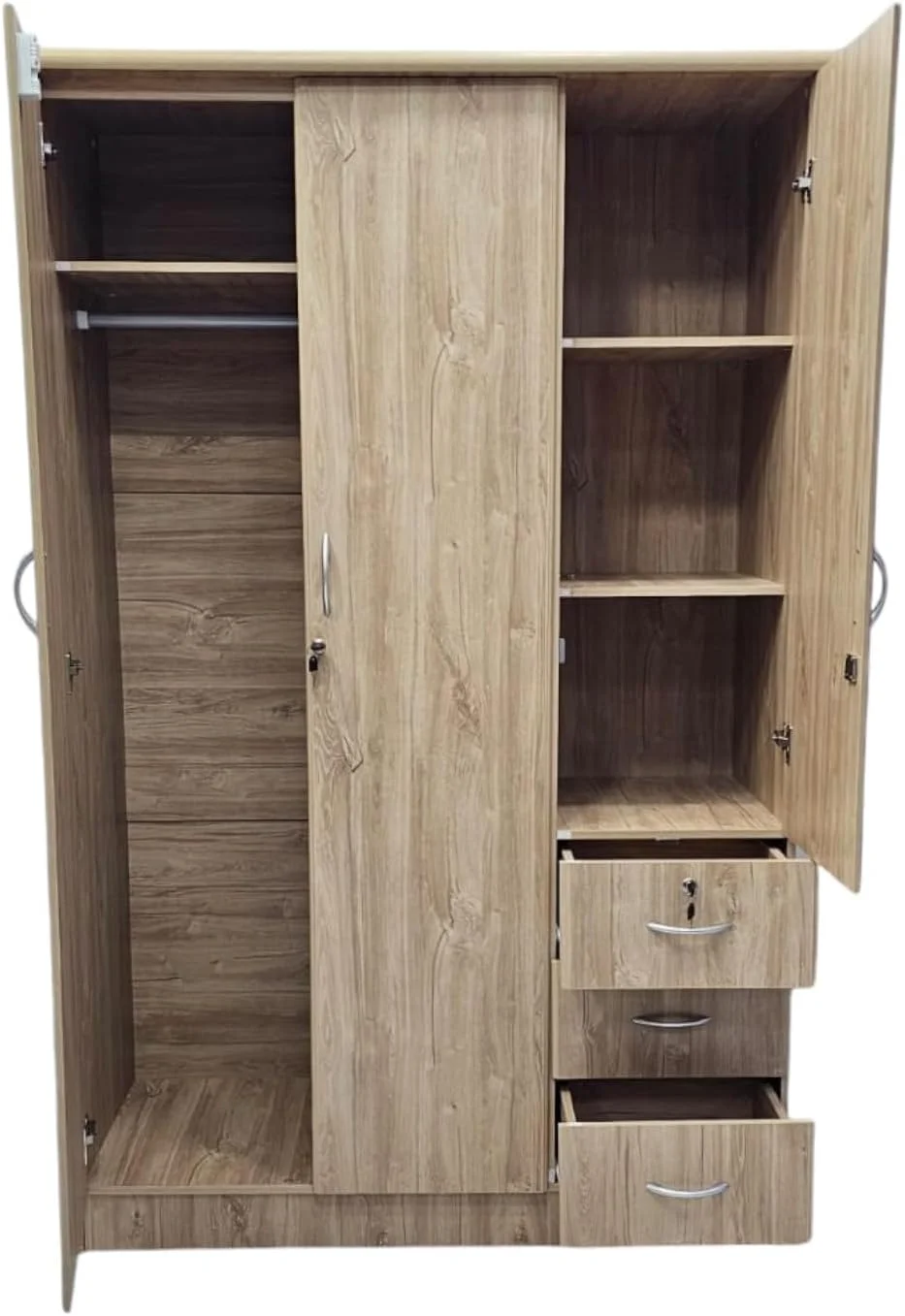 کمد لباس چوبی سه درب Multi Home Furniture مدل MH-P633 - کمد بلوطی روشن ساخته شده از چوب مهندسی شده، کمد چوبی مدرن و شیک با دوام و سنگین به همراه 3 کشو