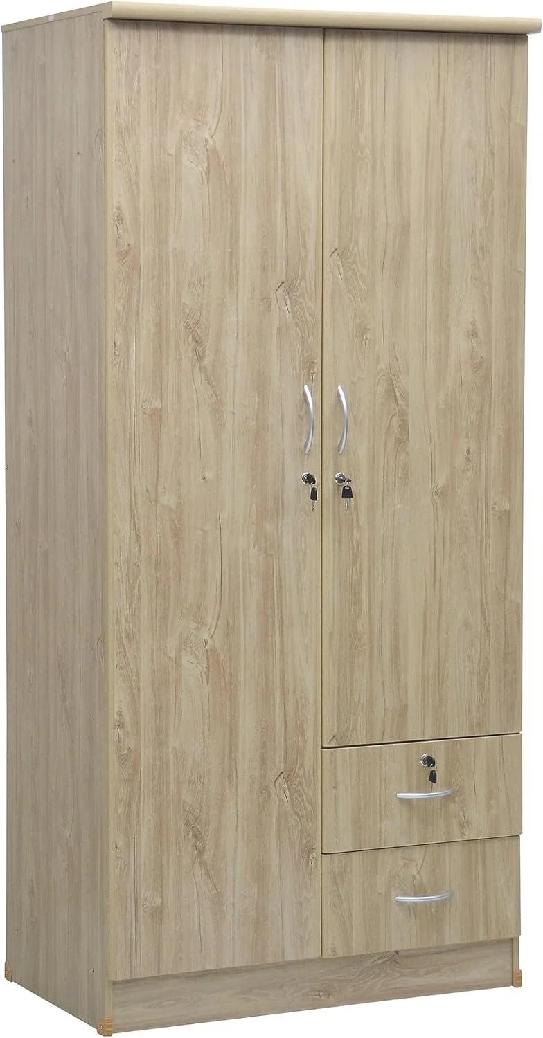 کابینت ذخیره سازی بلوطی روشن مبلمان چند منظوره خانگی - کمد بزرگ، کمد لباس 2 درب با قفسه و ریل آویز، کابینت برای لباس، قفل کلیدی، سازمان دهنده و ذخیره سازی کمد لباس، کشو برای مبلمان اتاق خواب