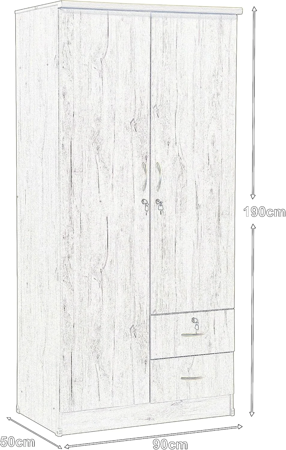 کابینت ذخیره سازی بلوطی روشن مبلمان چند منظوره خانگی - کمد بزرگ، کمد لباس 2 درب با قفسه و ریل آویز، کابینت برای لباس، قفل کلیدی، سازمان دهنده و ذخیره سازی کمد لباس، کشو برای مبلمان اتاق خواب