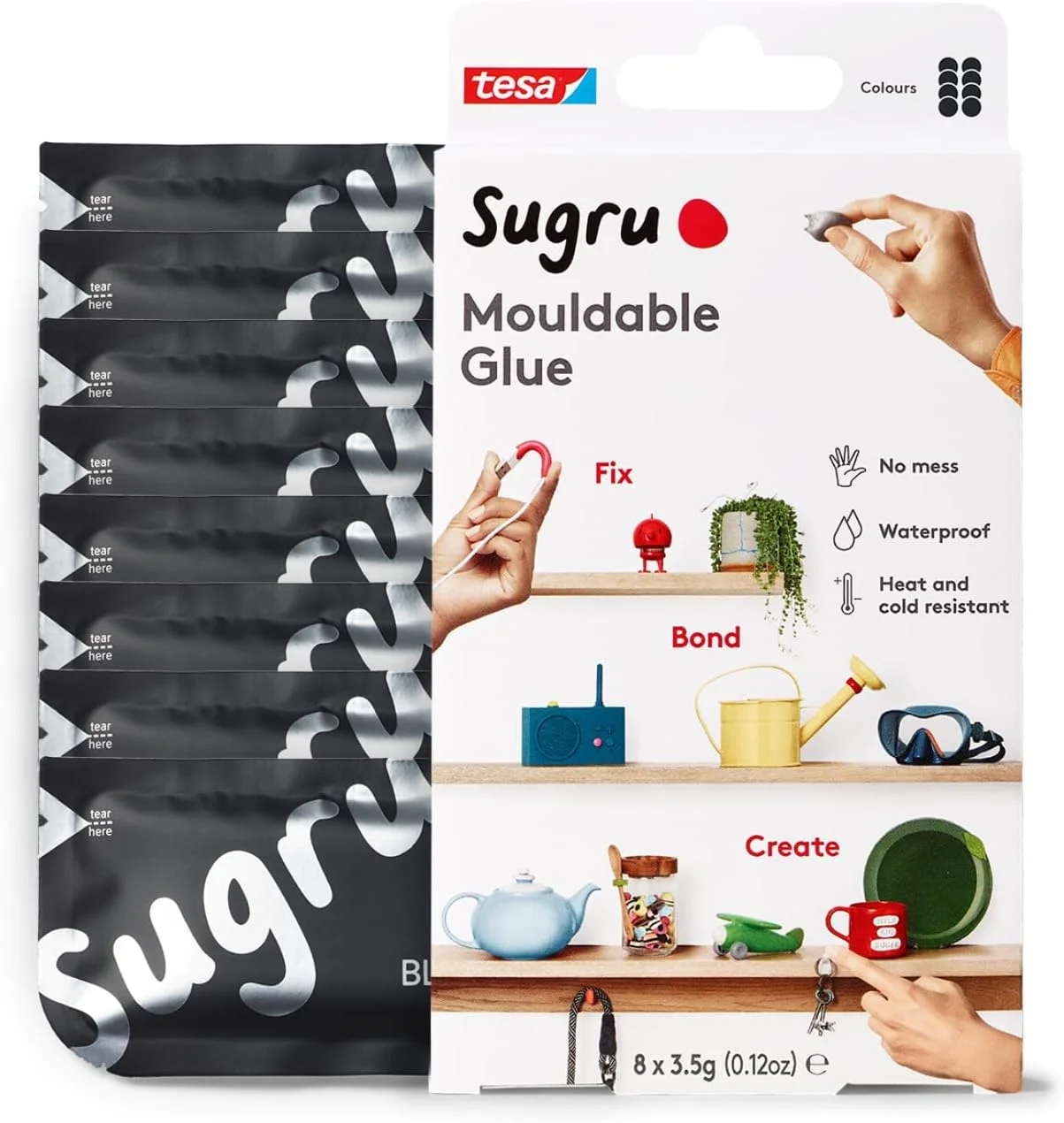 چسب چند منظوره Sugru I000953 برای تعمیرات خلاقانه، تثبیت و ساخت، بسته 8 عددی، مشکی، 8 تکه