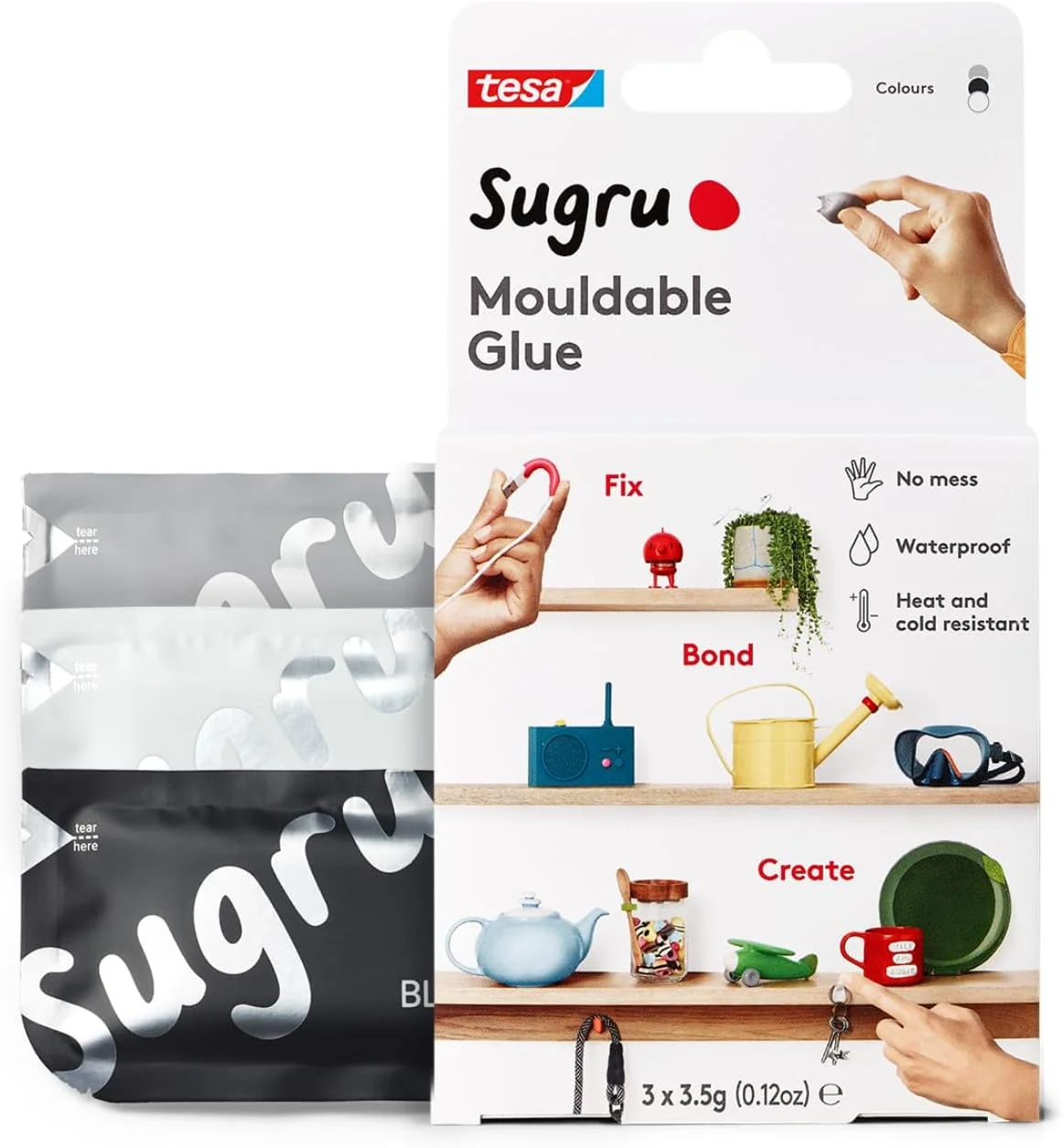 چسب همه کاره Sugru توسط Tesa - چسب صنایع دستی قالب گیری شونده برای داخل و خارج از منزل - چسب برای تعمیر، اتصال و شخصی سازی خلاقانه - بسته 3 عددی - مشکی، سفید و خاکستری (3.5 گرم در هر کدام)