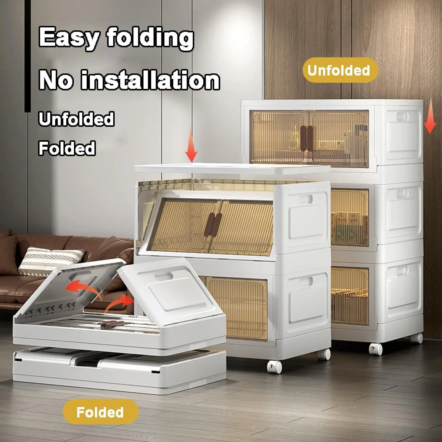 کابینت ذخیره سازی تاشو چند لایه با چرخ، کمد لباس دو درب، قفسه سطل های سازمان دهنده شفاف با ظرفیت بزرگ