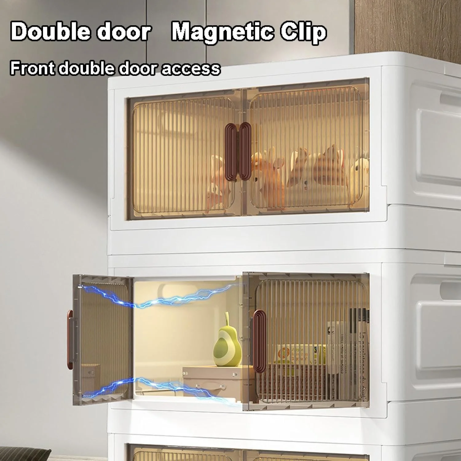 کابینت ذخیره سازی تاشو چند لایه با چرخ، کمد لباس دو درب، قفسه سطل های سازمان دهنده شفاف با ظرفیت بزرگ