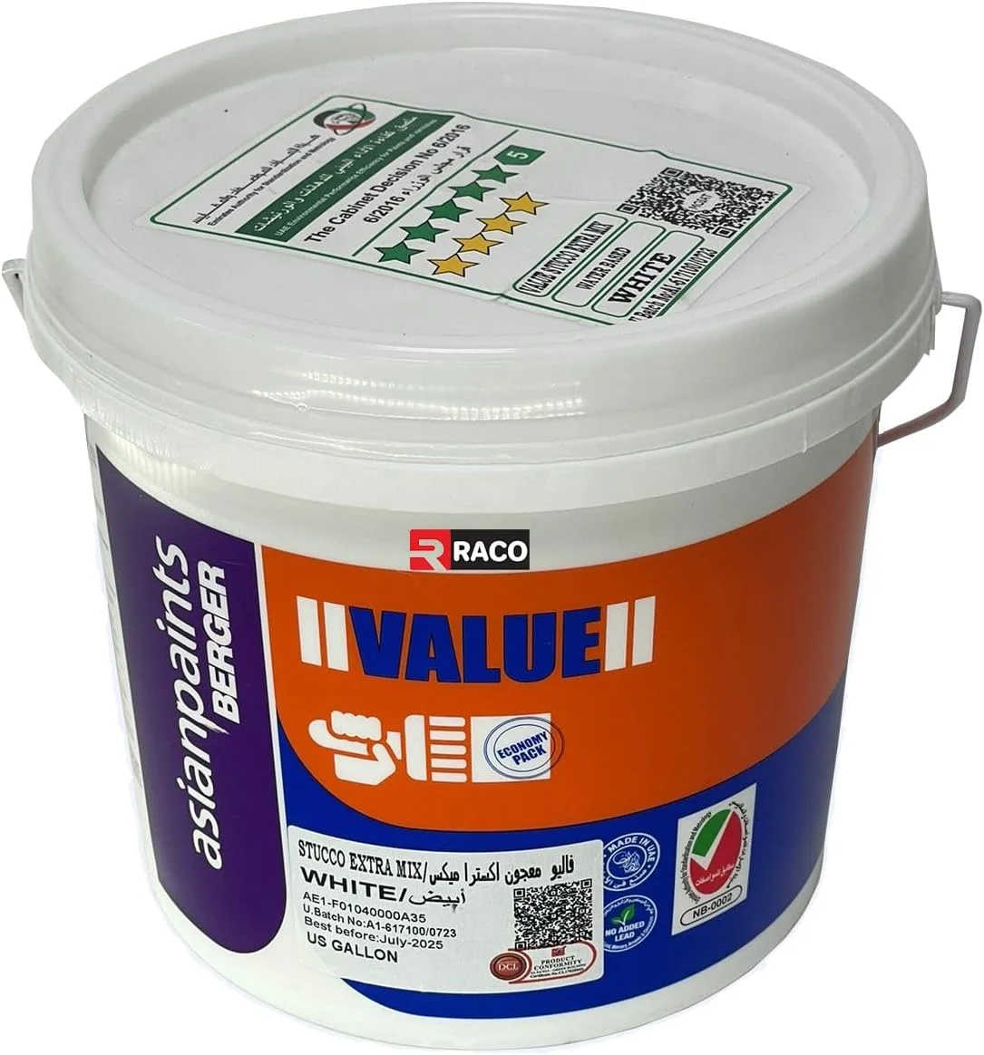بتونه پایه آب سفید رنگ Raco Asianpaints Berger Value Stucco Extra Mix (حجم 1 گالن امریکایی)