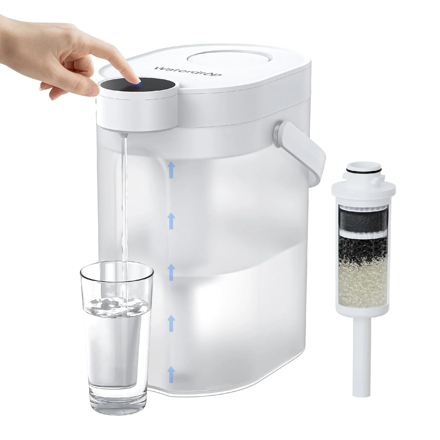 پارچ تصفیه آب برقی قابل شارژ Waterdrop FreshTaste، دستگاه پخش کننده فوری و قدرتمند برای یخچال، کاهش کلر، سرب، مس، تصفیه، نرم کننده آب، 17 فنجان، سفید، TDS را کاهش نمی دهد
