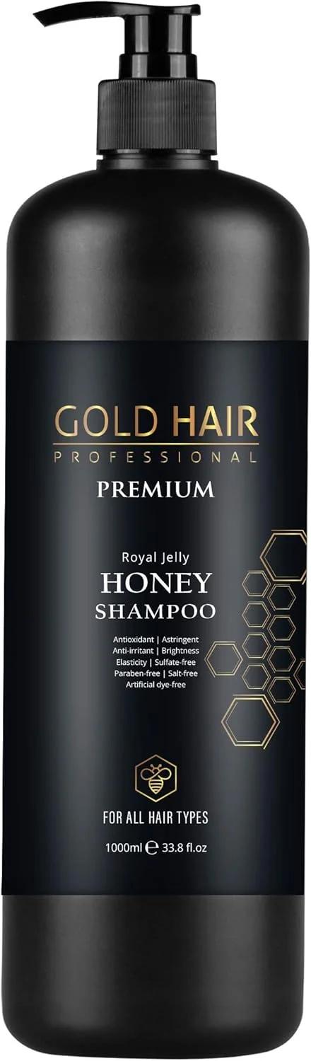 شامپو حرفه ای مو گلد هیر 1000 میلی لیتر | ژل رویال ممتاز | آنتی اکسیدان | قابض | ضد تحریک | درخشندگی | الاستیسیته | بدون سولفات | بدون پارابن | بدون نمک | بدون رنگ مصنوعی