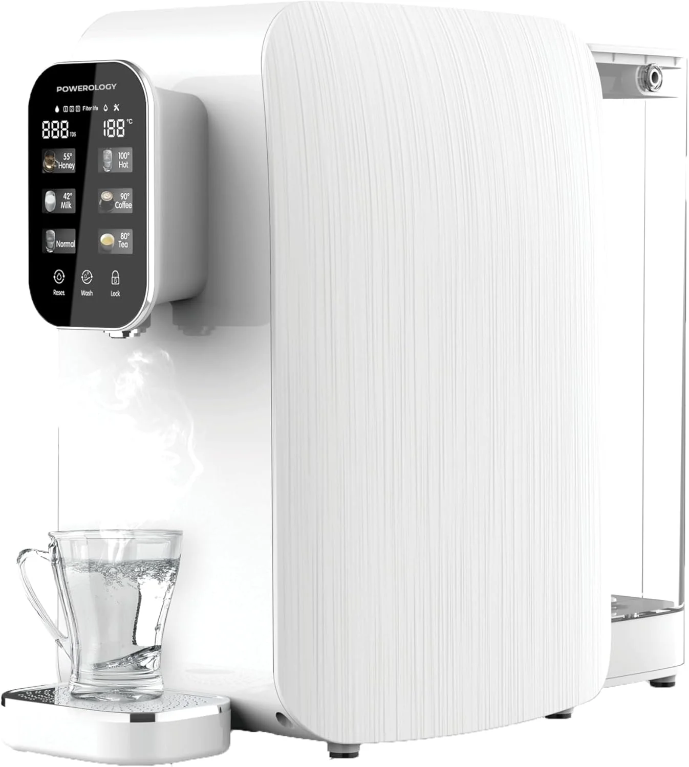 دستگاه تصفیه آب و آبسردکن اسمز معکوس پاورولوژی، نمایشگر LED، ظرفیت 3 لیتر، ظرفیت آب ضایعات 1 لیتر، آب گرم فوری (3 ثانیه)، صفحه نمایش لمسی 4 اینچی، توان نامی 2000 وات، دوشاخه UK - سفید