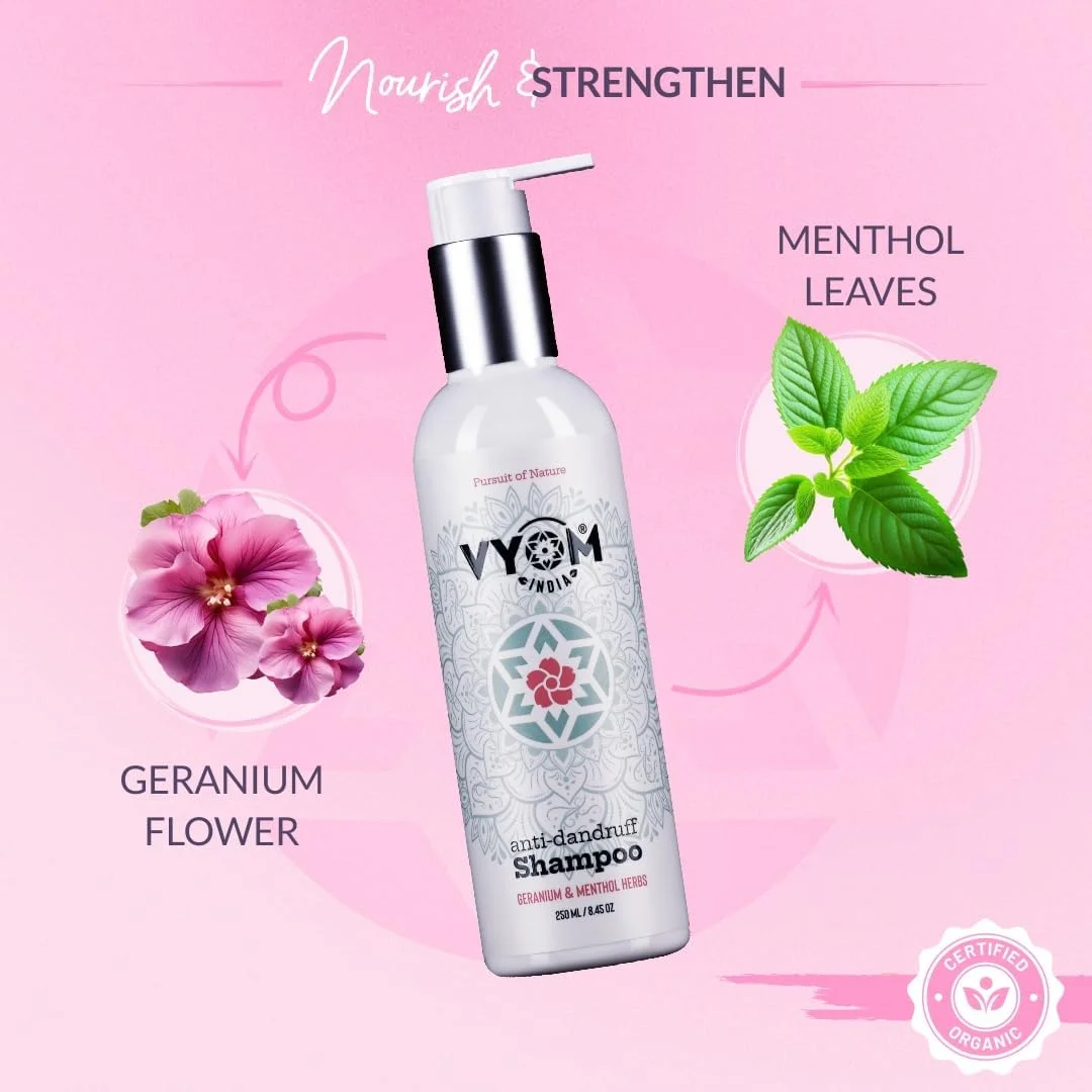 شامپو ضد شوره سر شمعدانی ویوم ایندیا + نرم کننده فعال با گیاهان منتول | کاملا ارگانیک و گیاهی (300 میلی لیتر)