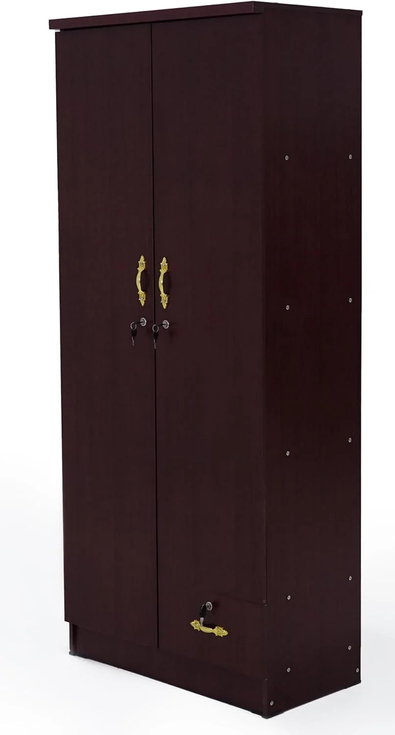 کمد/کابینت چوبی دو درب NAD مدل 621، دارای یک کشوی قفل‌دار، یک طرف چوب لباسی و طرف دیگر چهار قفسه، ابعاد 180X80X40 سانتی‌متر، رنگ آلبالویی