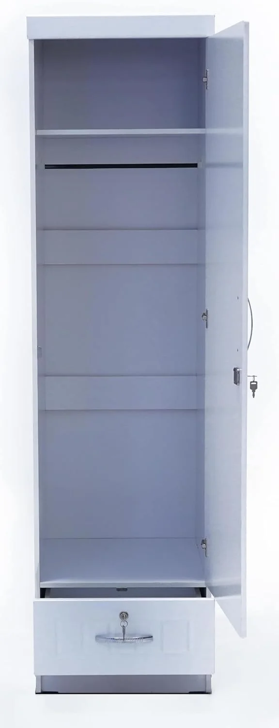 کمد لباس/قفسه/کابینت ذخیره سازی چوبی NAD Furniture LLC با آینه، درب و کشوی قفل دار، چوب لباسی زیر قفسه، رنگ سفید