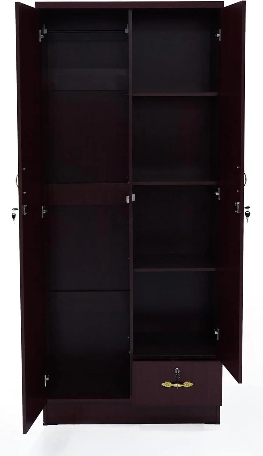 کمد/کابینت چوبی دو درب NAD مدل 621، دارای یک کشوی قفل‌دار، یک طرف چوب لباسی و طرف دیگر چهار قفسه، ابعاد 180X80X40 سانتی‌متر، رنگ آلبالویی