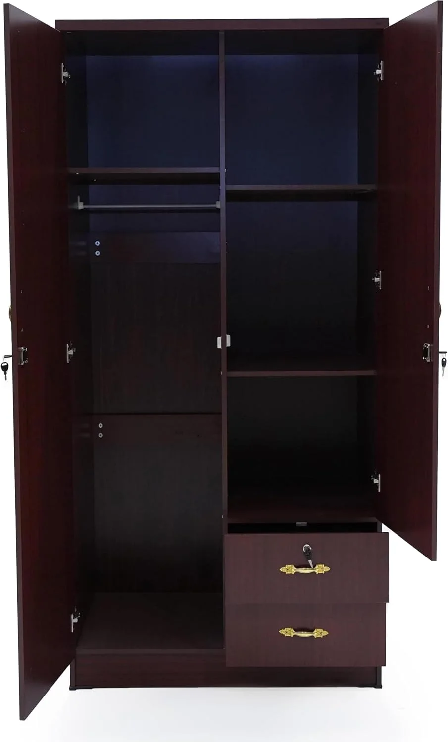 کمد/قفسه/کابینت چوبی دو درب NAD furniture LLC، دو درب قفل‌دار و دو کشوی قفل‌دار، طراحی ساده و شیک با 3 طبقه، ابعاد 190X90X55 سانتی‌متر، رنگ آلبالویی