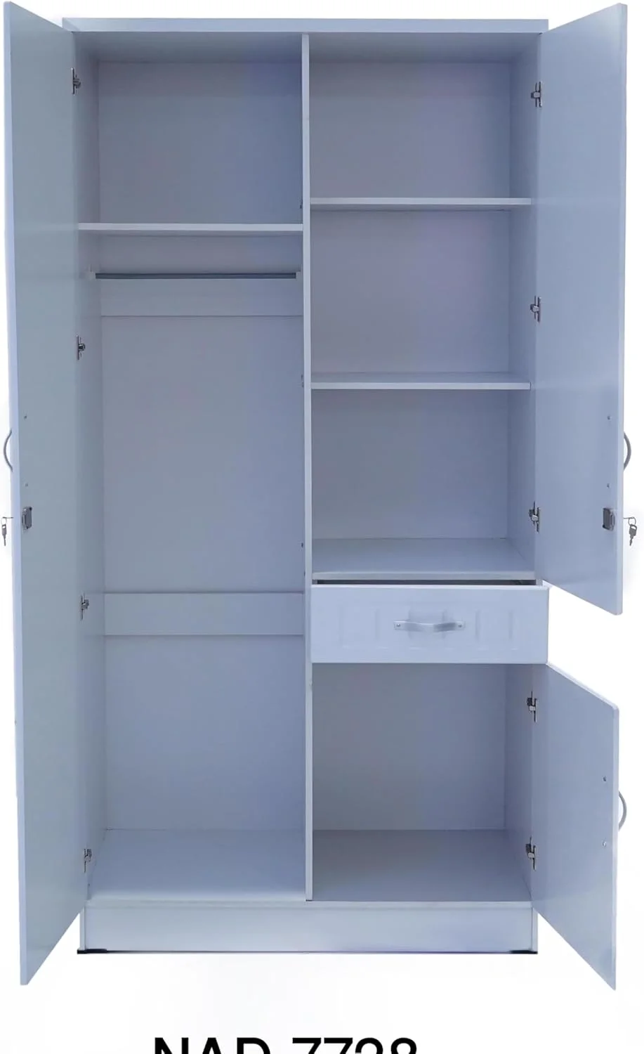 کمد لباس چوبی دو درب NAD furniture LLC، دو درب قفل‌دار با آینه، یک طرف چهار قفسه و طرف دیگر یک قفسه بالای چوب لباسی و یک کشو، رنگ سفید.