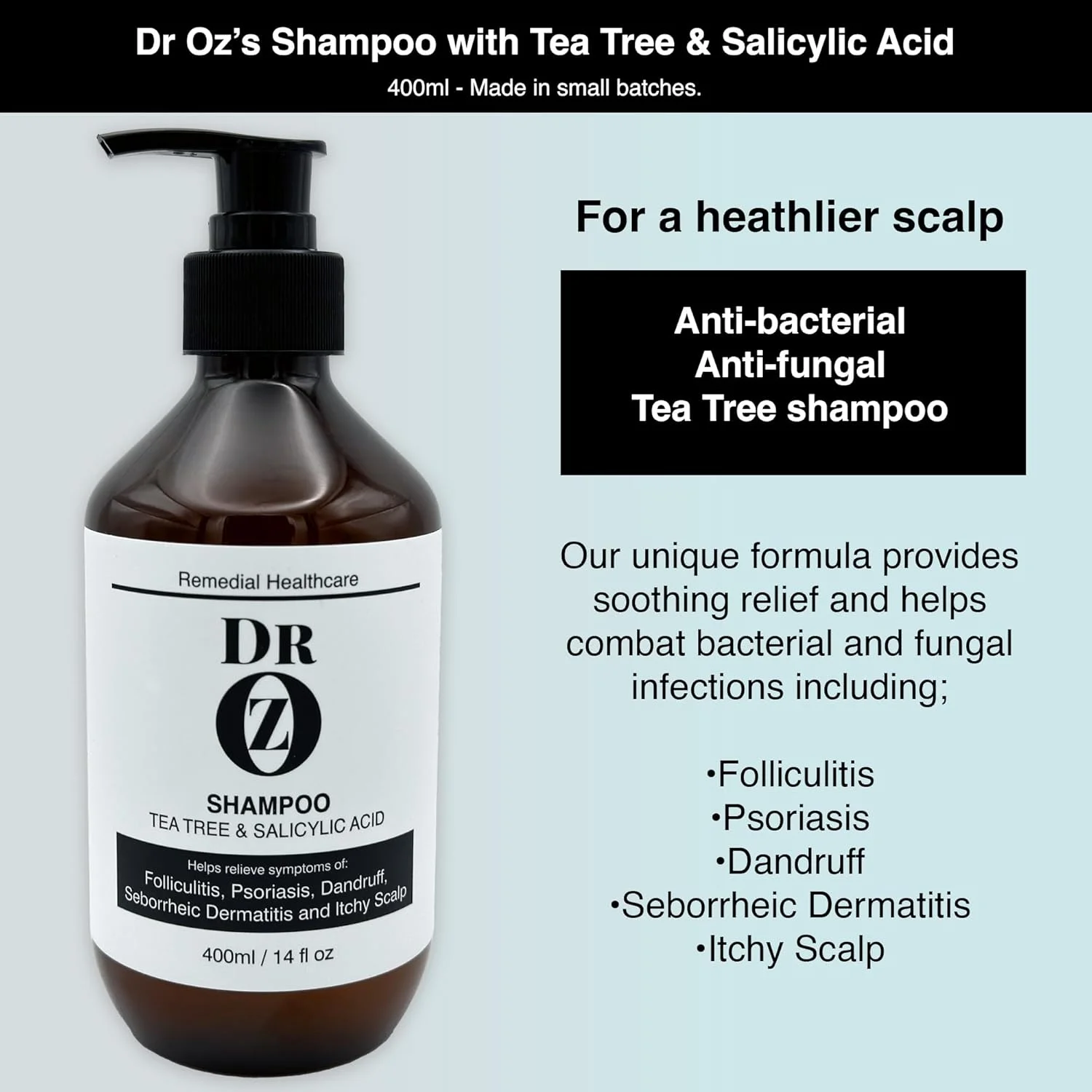 شامپو دکتر آز با روغن درخت چای و سالیسیلیک اسید. شامپو ضد فولیکولیت، شامپو پسوریازیس، شامپو ضد شوره سر، شامپو درماتیت سبورئیک، شامپو ضد خارش پوست سر.