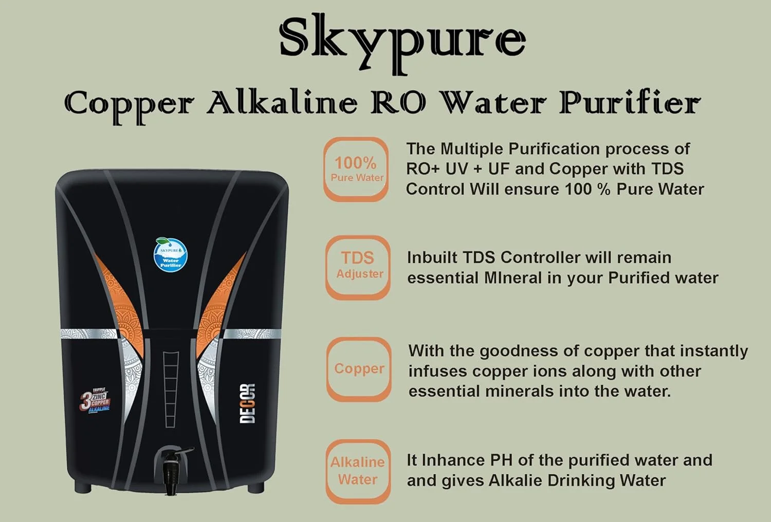 دستگاه تصفیه آب اسمز معکوس Skypure با مس روی قلیایی زیستی به همراه UV، UF و کنترلر TDS | 12 لیتری | عملکرد کاملا اتوماتیک و بهترین انتخاب برای خانه و محل کار