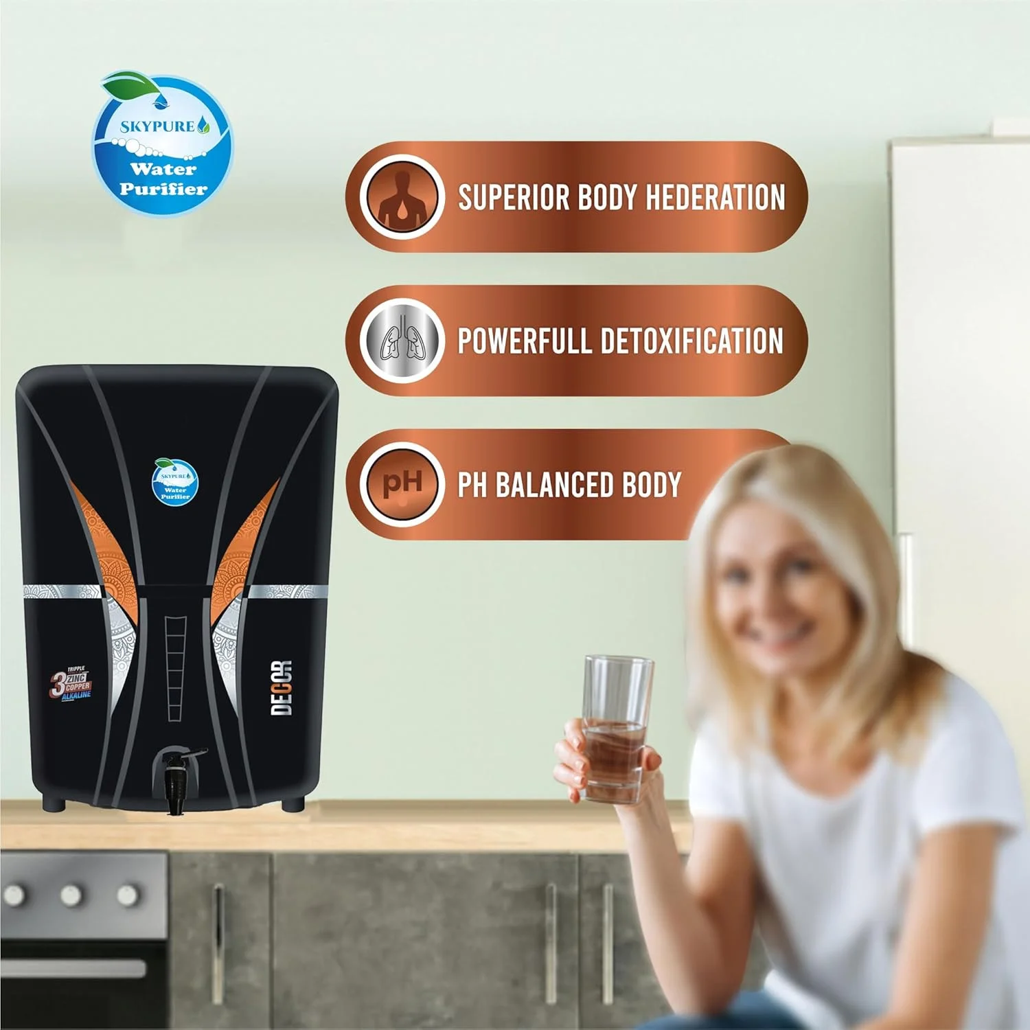 دستگاه تصفیه آب اسمز معکوس Skypure با مس روی قلیایی زیستی به همراه UV، UF و کنترلر TDS | 12 لیتری | عملکرد کاملا اتوماتیک و بهترین انتخاب برای خانه و محل کار