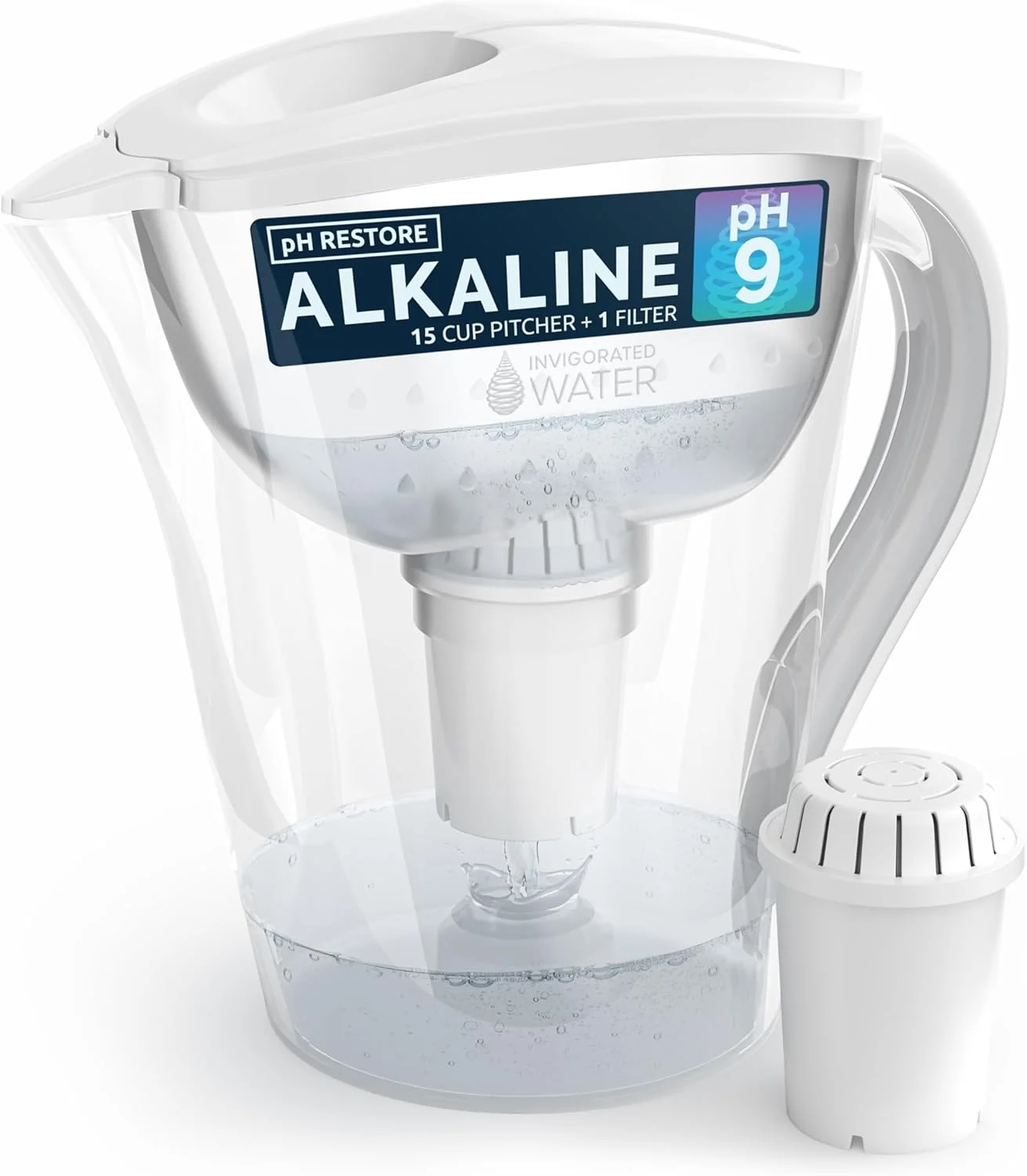 پارچ تصفیه آب قلیایی اینویگوریتد واتر با 1 فیلتر قلیایی – تصفیه کننده با pH بالا و بدون BPA، ظرفیت 14 فنجان با نشانگر تعویض فیلتر SmartLight، (360 لیتر) عمر طولانی فیلتر