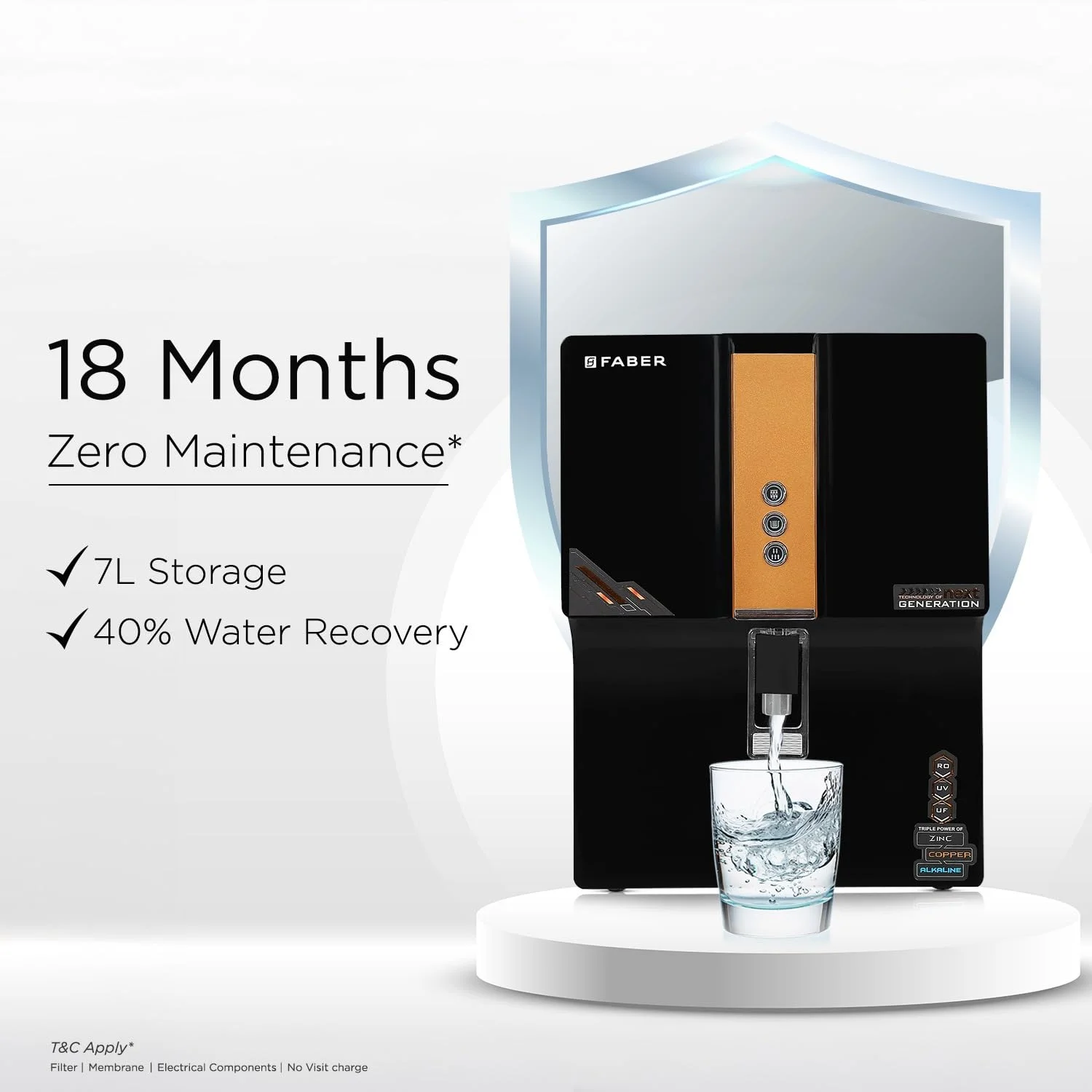 دستگاه تصفیه آب 7 لیتری قلیایی، مس و محافظ فابر | RO+UV+UF | دارای فیلتراسیون 9 مرحله ای | مناسب برای آب های با TDS تا 2500 | دارای نشانگر پر بودن مخزن، روشن/خاموش بودن و تصفیه | مناسب برای آب چاه، تانکر و آب شهری