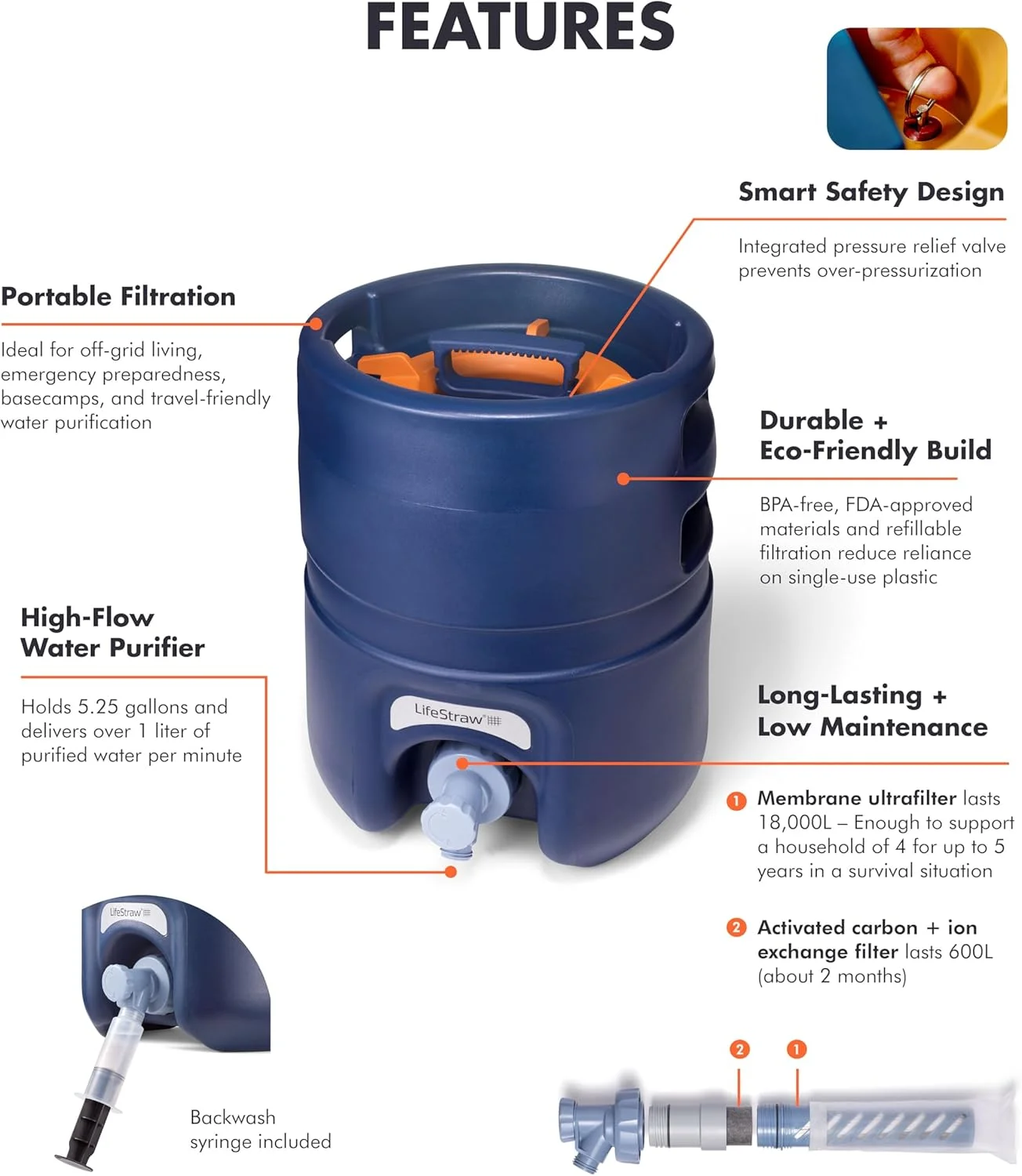 LifeStraw Escape – دستگاه تصفیه آب قابل حمل پرفشار با جریان بالا و فیلتراسیون 3 مرحله ای برای استفاده گروهی، آمادگی در شرایط اضطراری و فضای باز