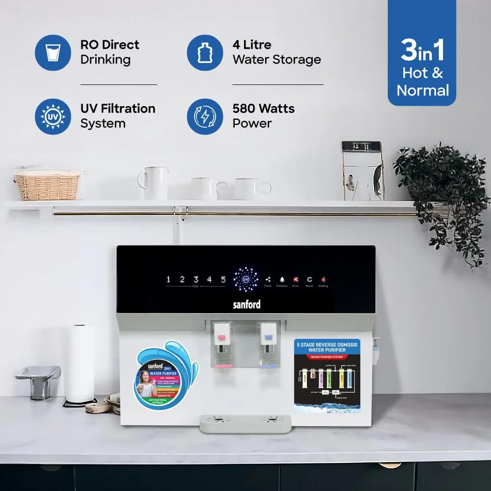 دستگاه تصفیه آب 2 در 1 SANFORD با فیلتراسیون 5 مرحله ای RO و UV، دارای خروجی آب گرم و معمولی و قفل کودک (SF8901WP)