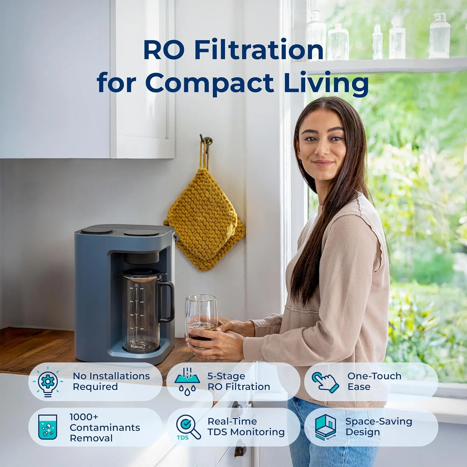 دستگاه تصفیه آب اسمز معکوس رومیزی Bluevua مدل RO100ROPOT-LITE، تصفیه 5 مرحله ای، نسبت پساب به آب خالص 3:1، دستگاه تصفیه آب قابل حمل (بدون نیاز به نصب) (آبی) - تصویر 2