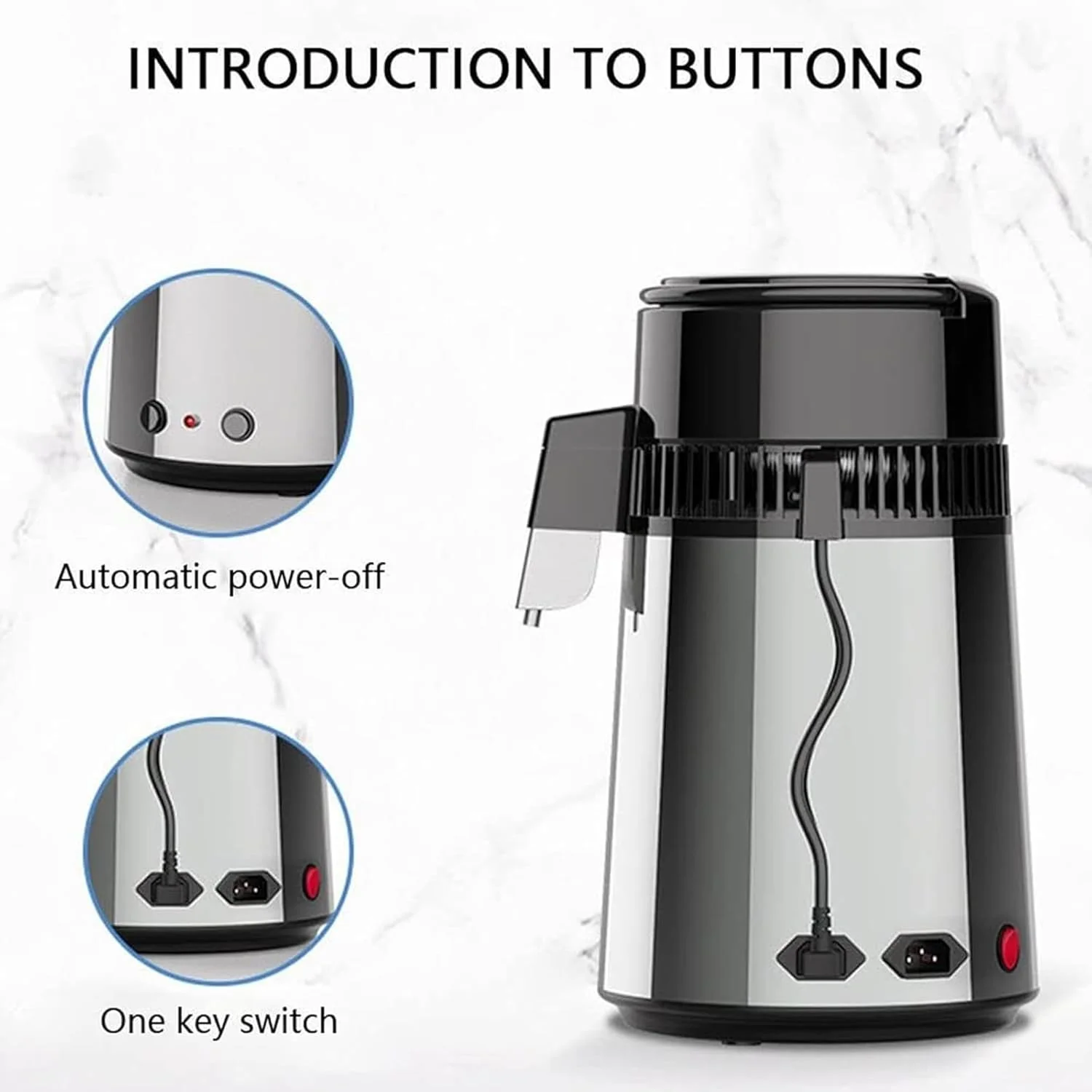 دستگاه آب مقطر ساز، دستگاه آب مقطر ساز دندانپزشکی 750 وات، دستگاه آب مقطر ساز خانگی 4 لیتری با بطری شیشه ای، عملکرد دو دکمه ای، محافظت در برابر گرمای بیش از حد