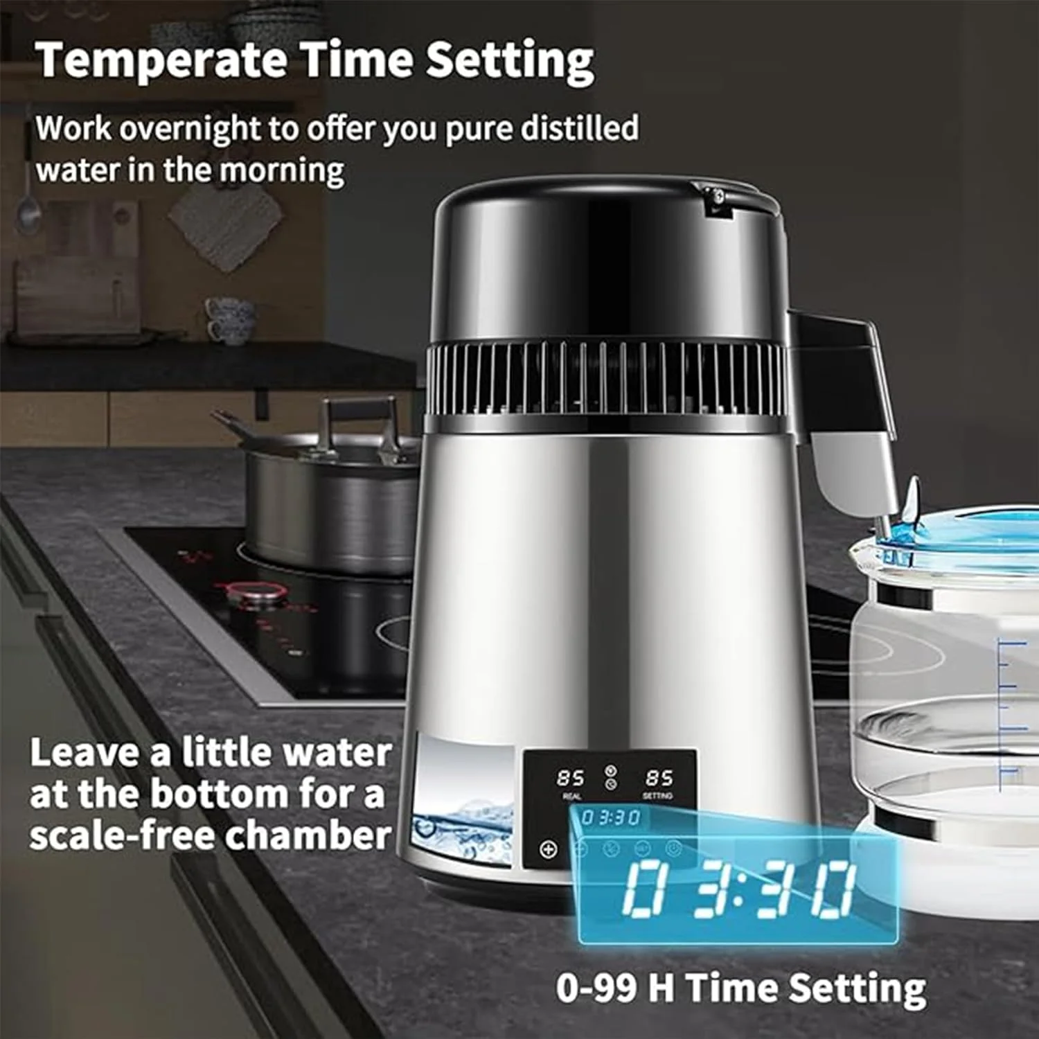دستگاه آب مقطر ساز 4 لیتری، دستگاه آب مقطر ساز دندانپزشکی 750 وات با بطری شیشه ای، عملکرد صفحه لمسی، محافظت در برابر گرمای بیش از حد - نمایشگر دمای دوگانه، کنترل تایمر