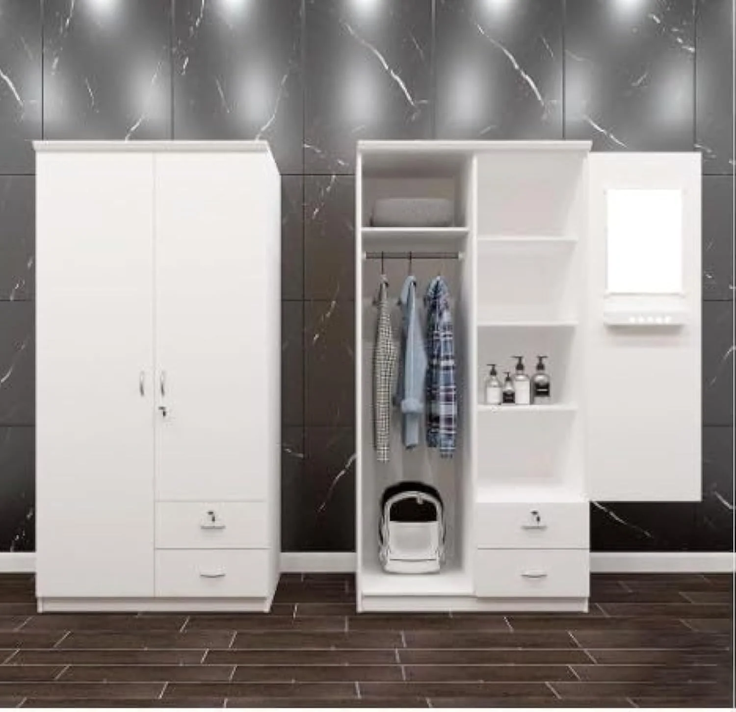 کمد لباس چوبی 2 درب محمد عظیم فرنیچر مدل MAF-622، کمد لباس چوبی محکم با کشوهای قفل دار، طراحی مدرن و شیک، رنگ سفید