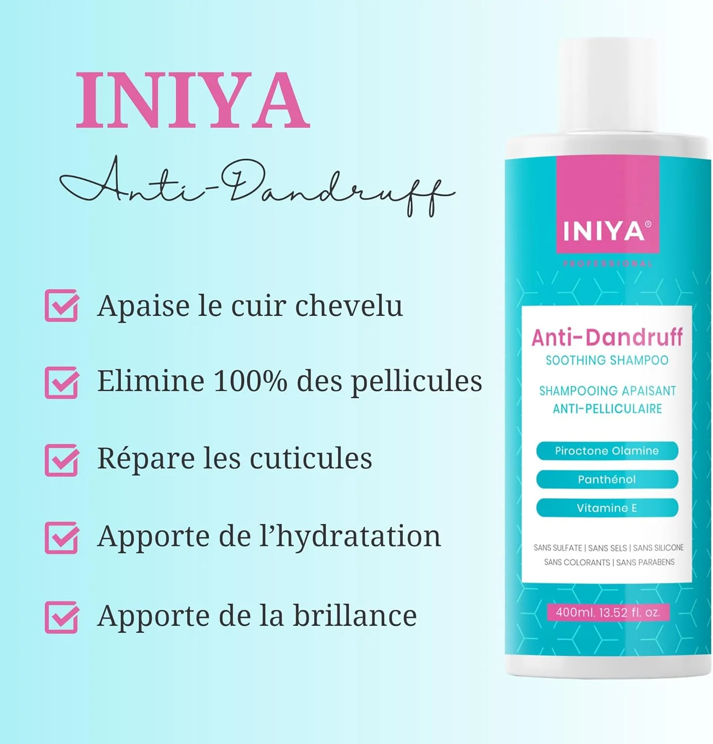 شامپو ضد شوره مو اینیا، 400 میلی لیتر، شامپو بدون سولفات، شامپو تسکین دهنده، برند فرانسوی