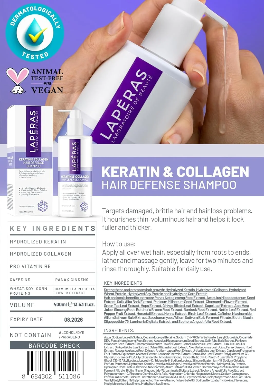 شامپو دفاع از مو کراتین و کلاژن لاپراس - ضد ریزش مو، تقویت کننده و حجم دهنده برای موهای نازک و آسیب دیده - بدون سولفات، بدون پارابن، وگان - 400 میلی لیتر