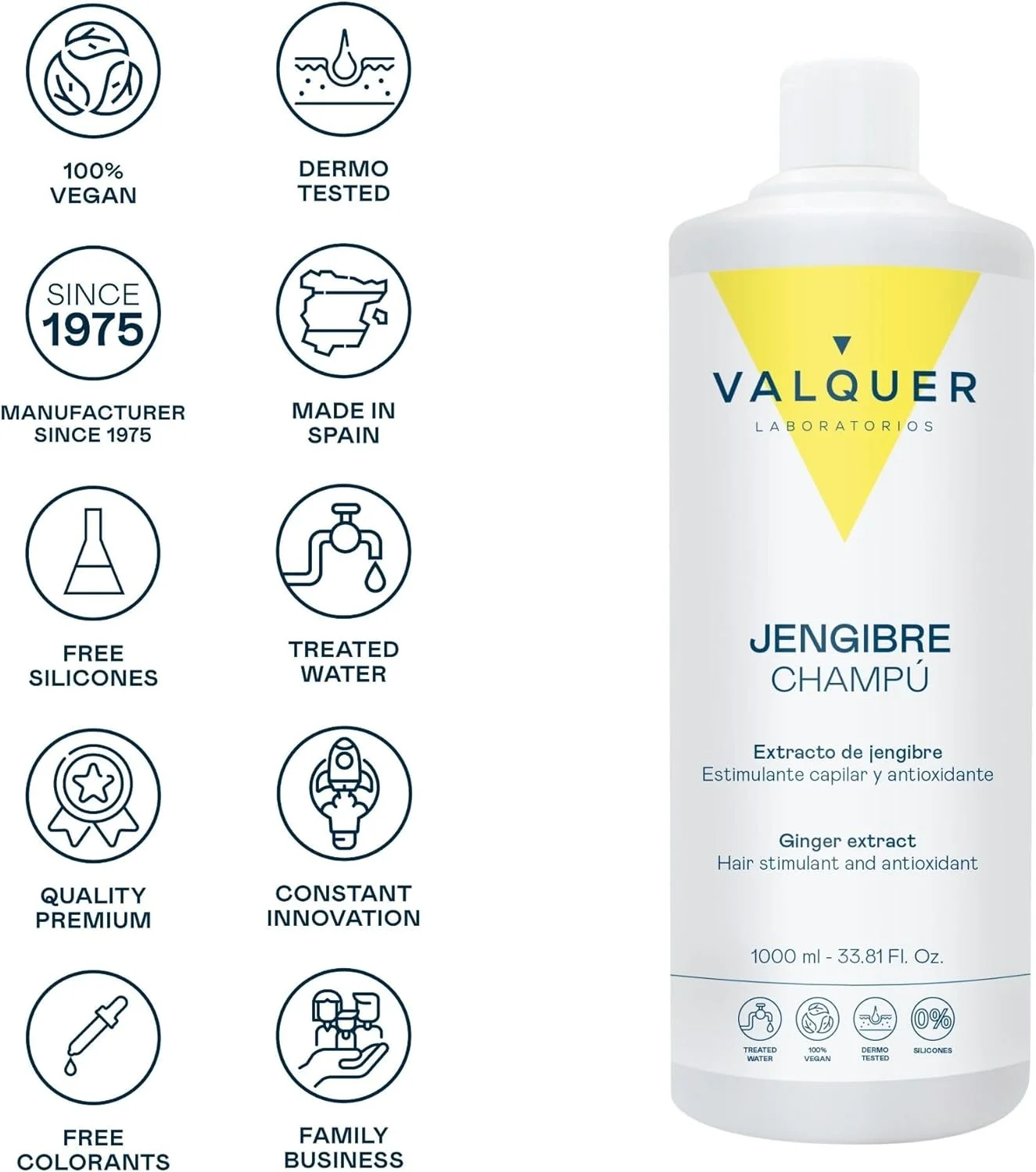 شامپو زنجبیل قوی Valquer Laboratorios، محرک موی زنجبیلی، ضد شوره، آنتی اکسیدان حاوی پانتنول، مناسب انواع مو - 1 لیتر