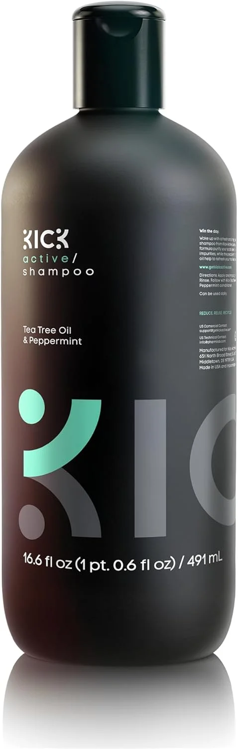 شامپو مردانه KICK - شامپو روغن درخت چای و نعناع فلفلی - درمان خارش پوست سر + شامپو بدون سولفات مردانه برای موهای نازک - شامپو ضد شوره قوی برای مردان و زنان، 525 میلی لیتر - 17.75 اونس