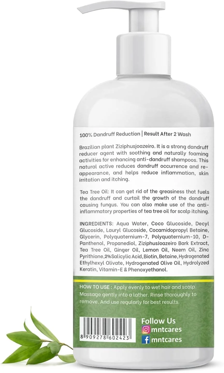شامپو ضد شوره درخت چای MNT حجم 300 میلی لیتر | از بین برنده شوره سر و تسکین دهنده خارش پوست سر | کاهش 50 درصدی شوره سر در 2 هفته | شامپو بدون پارابن و سولفات | برای آقایان و بانوان