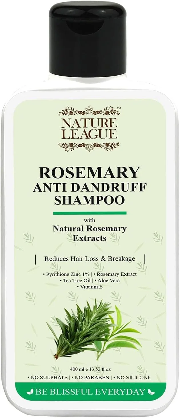 شامپو رزماری ضد شوره و ضد ریزش مو نیچر لیگ، حاوی عصاره رزماری، پیریتیون زینک، روغن درخت چای، آلوئه ورا و ویتامین ای، فاقد سولفات و پارابن، 400 میلی لیتر