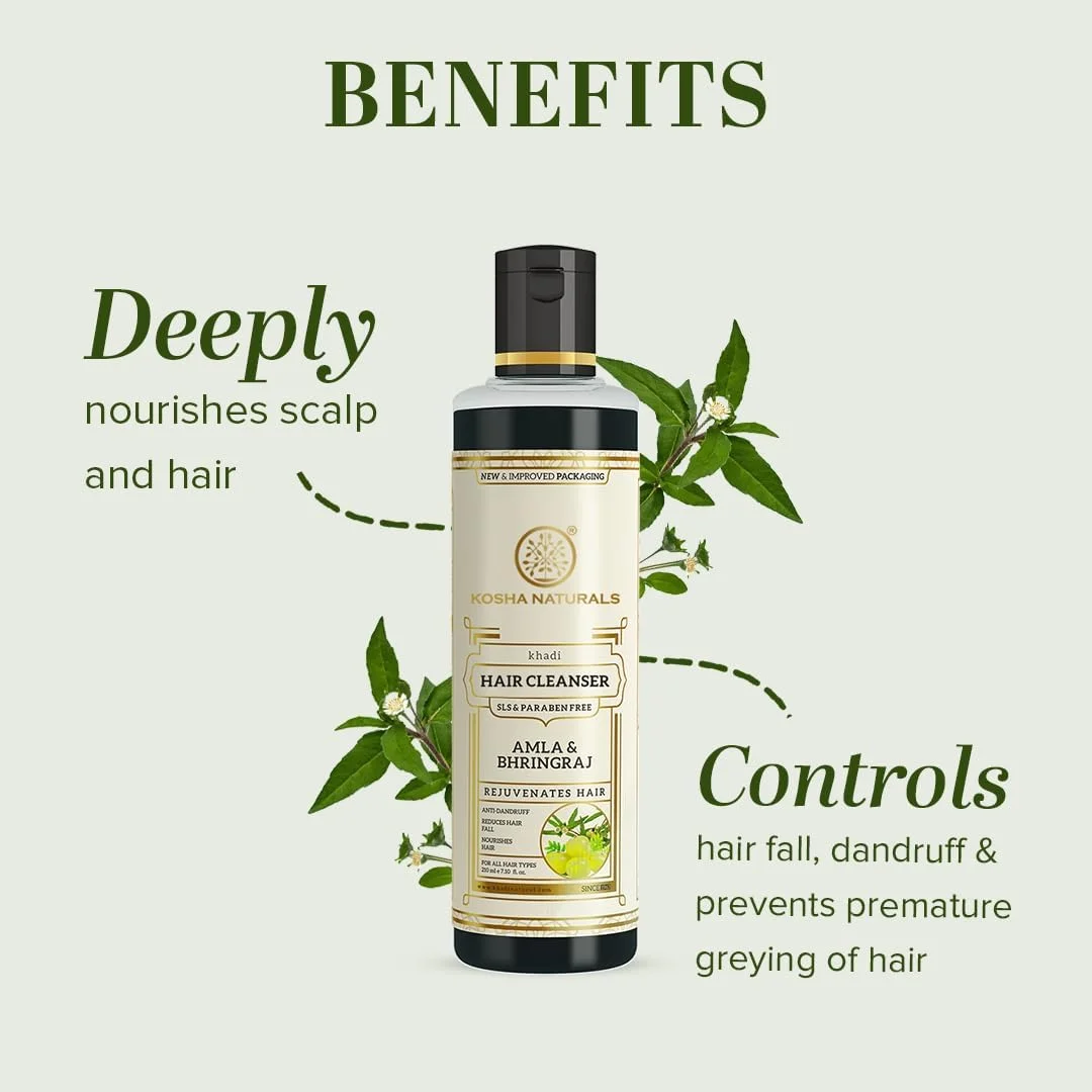 شامپو/پاک کننده آملا و برینگراج کوشا نچرالز بای خادی، کمک به رفع شوره سر و ریزش مو | شامپو برای کاهش تحریک پوست سر | فاقد پارابن و سولفات | مناسب برای انواع مو | 210 میلی لیتر