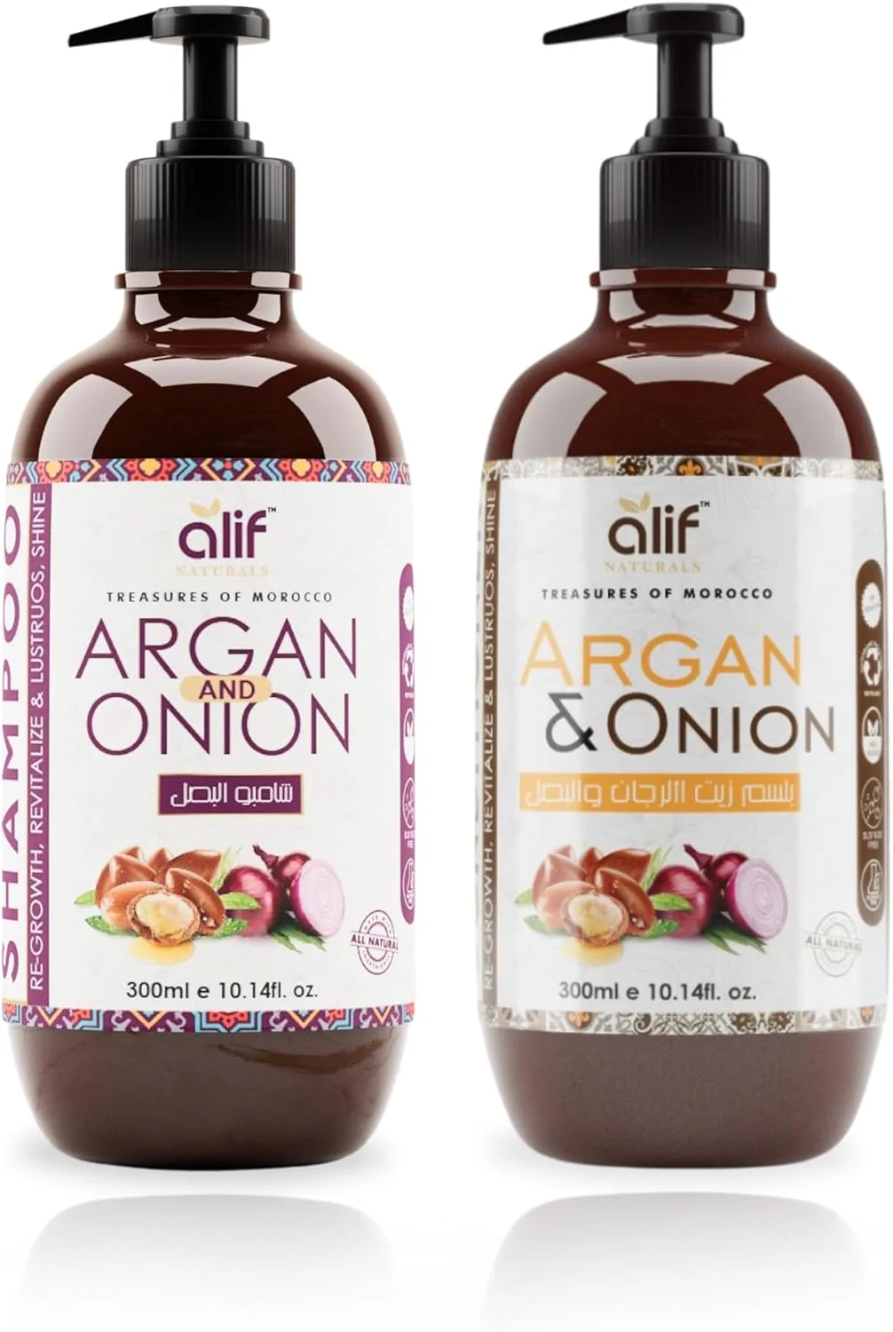 مجموعه شامپو و نرم کننده آرگان و پیاز مراکشی آلیف نچرالز | فرمول ضد شوره و ترمیم کننده موهای آسیب دیده، کاملا ارگانیک غنی شده با روغن آرگان، پرو ویتامین B5 و کراتین برای انواع مو - رنگ شده | 300 میلی لیتر