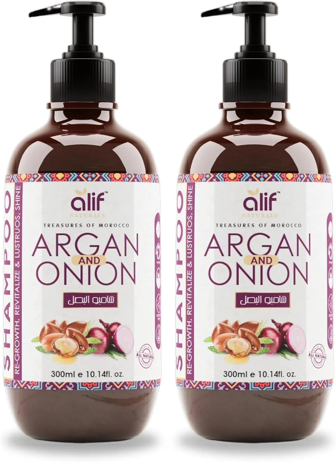 شامپو آرگان و پیاز مراکشی آلیف نچرالز | فرمول ضد شوره و ترمیم کننده موهای آسیب دیده، کاملا ارگانیک غنی شده با روغن آرگان، پرو ویتامین B5 و کراتین برای انواع مو - رنگ شده | 300 میلی لیتر | بسته 2 عددی