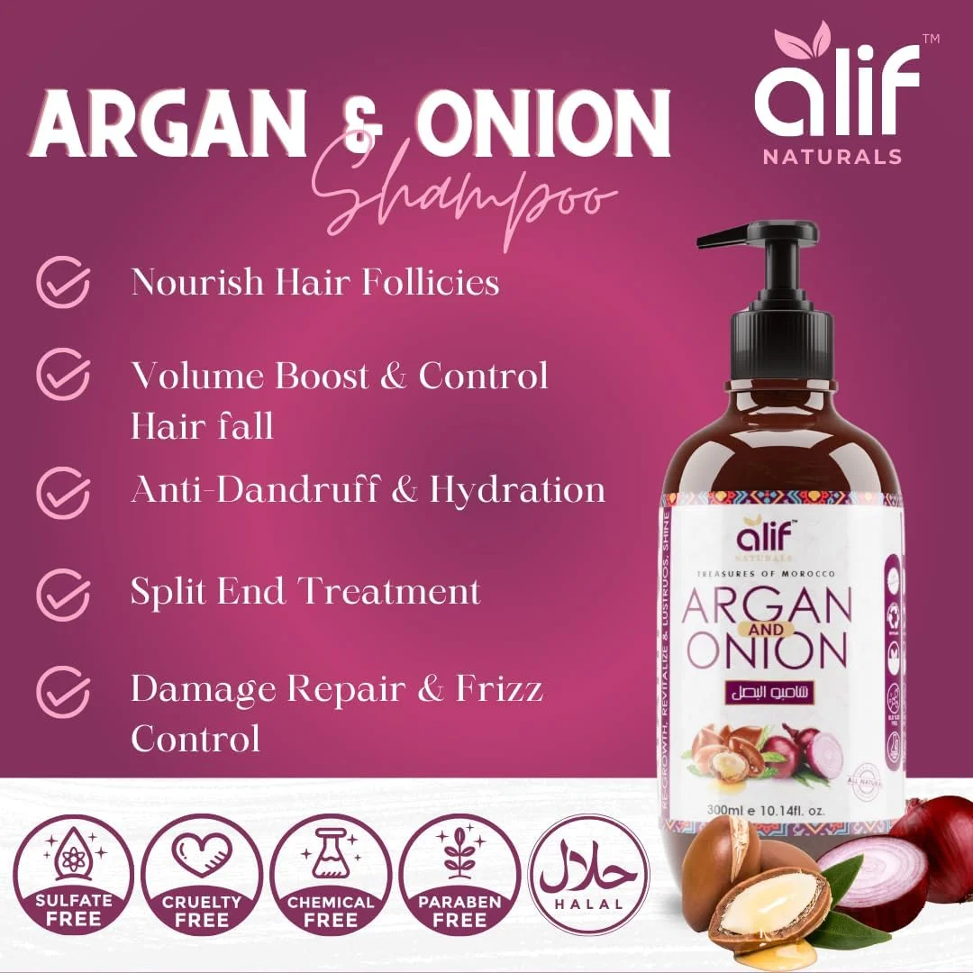 مجموعه شامپو و نرم کننده آرگان و پیاز مراکشی آلیف نچرالز | فرمول ضد شوره و ترمیم کننده موهای آسیب دیده، کاملا ارگانیک غنی شده با روغن آرگان، پرو ویتامین B5 و کراتین برای انواع مو - رنگ شده | 300 میلی لیتر