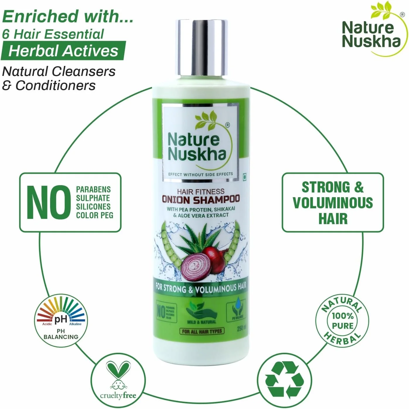 شامپو پیاز غنی از پروتئین Nature Nuskha با اسید هیالورونیک | پشتیبانی از رشد و آبرسانی مو | شامپو ضد شوره و ضد ریزش مو | حاوی چریش، شیکاکای | بدون سولفات و پارابن | مناسب آقایان و بانوان