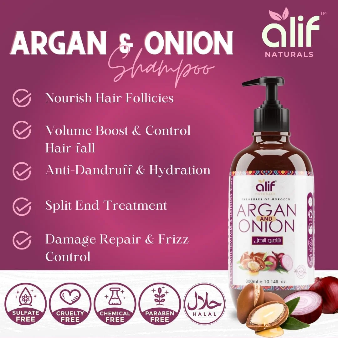 شامپو آرگان و پیاز مراکشی آلیف نچرالز | فرمول ضد شوره و ترمیم کننده موهای آسیب دیده، کاملا ارگانیک غنی شده با روغن آرگان، پرو ویتامین B5 و کراتین برای انواع مو - رنگ شده | 300 میلی لیتر | بسته 2 عددی