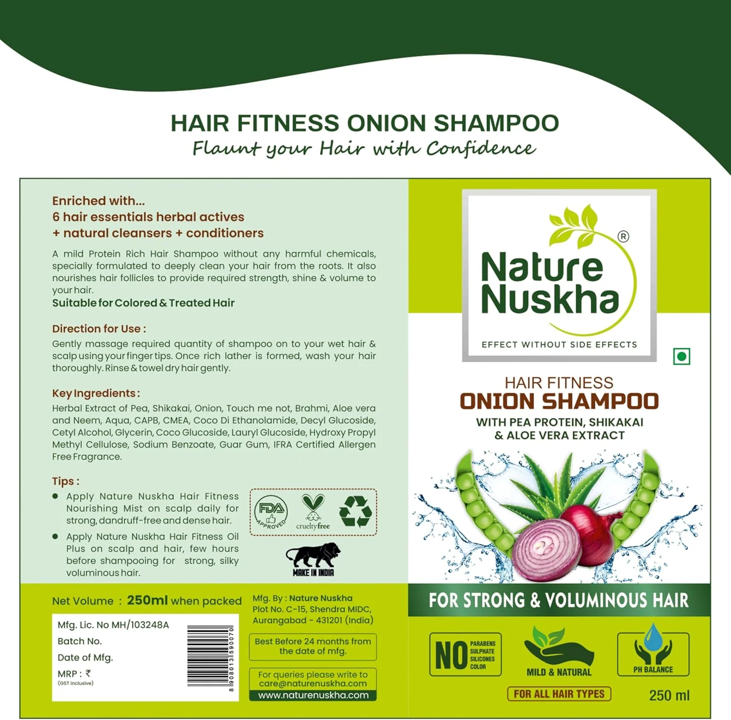 شامپو پیاز غنی از پروتئین Nature Nuskha با اسید هیالورونیک | پشتیبانی از رشد و آبرسانی مو | شامپو ضد شوره و ضد ریزش مو | حاوی چریش، شیکاکای | بدون سولفات و پارابن | مناسب آقایان و بانوان