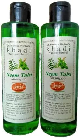 شامپو گیاهی طبیعی نيم و تولسی Khadi برای جلوگیری از ریزش مو، فاقد پارابن، ضد شوره و ضد ریزش مو، موهای آسیب دیده، غنی شده با فیبرهای فعال، ترمیم کننده آسیب مو 200 میلی لیتر بسته 2 عددی